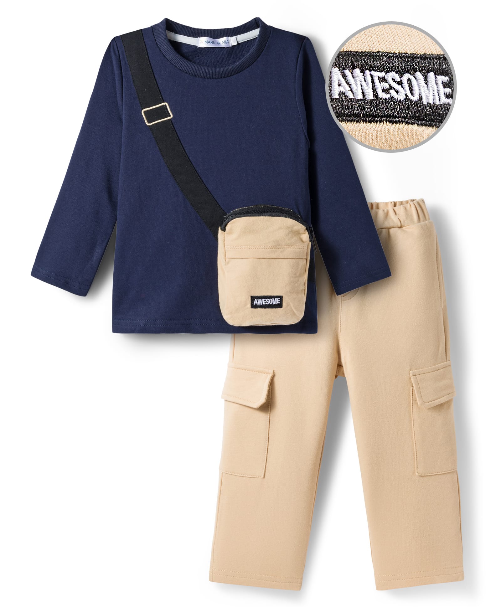 Mark & Mia Full Sleeves Winter Wear T-Shirt & Joggers Set with Pouch Applique - Navy Blue & Tan-image-37