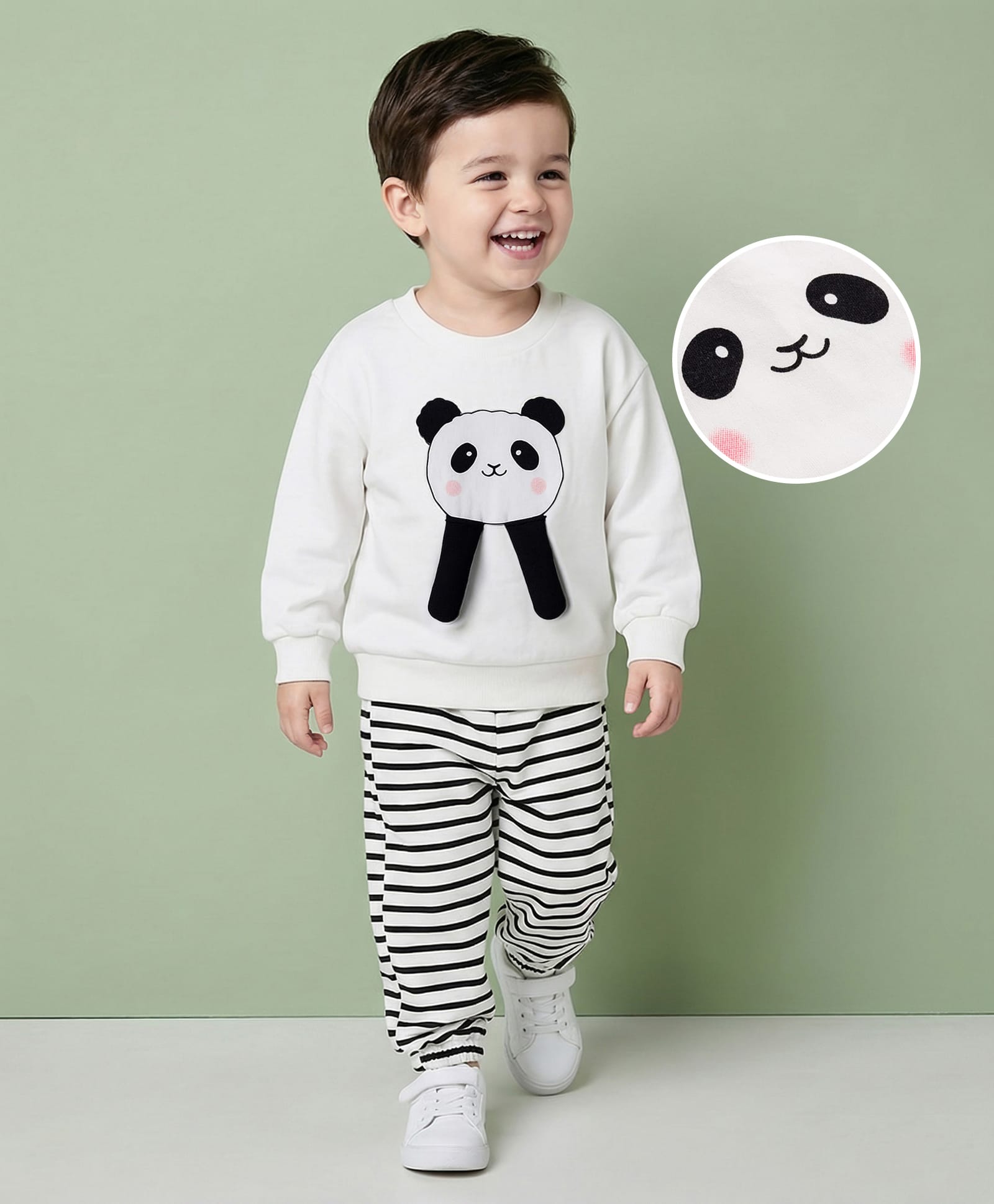 Mark & Mia Cotton Knit Full Sleeves Winter Wear T-Shirt & Joggers Set With Stripes & Animal Applique - Black & White-picture-16