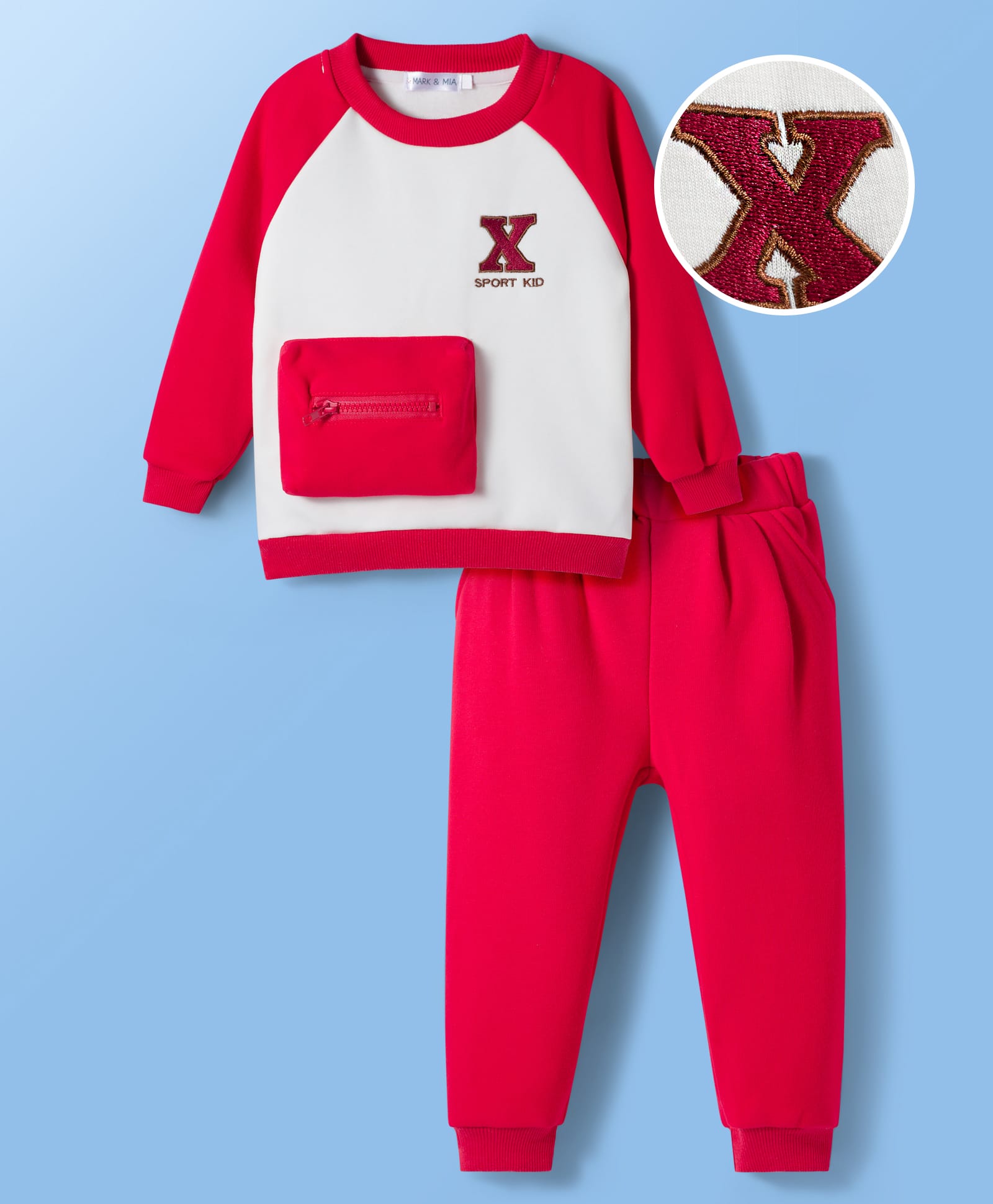 Mark & Mia Full Raglan Sleeves Winter Wear T-Shirt & Joggers Set with Pouch Applique - Red & White-picture-11