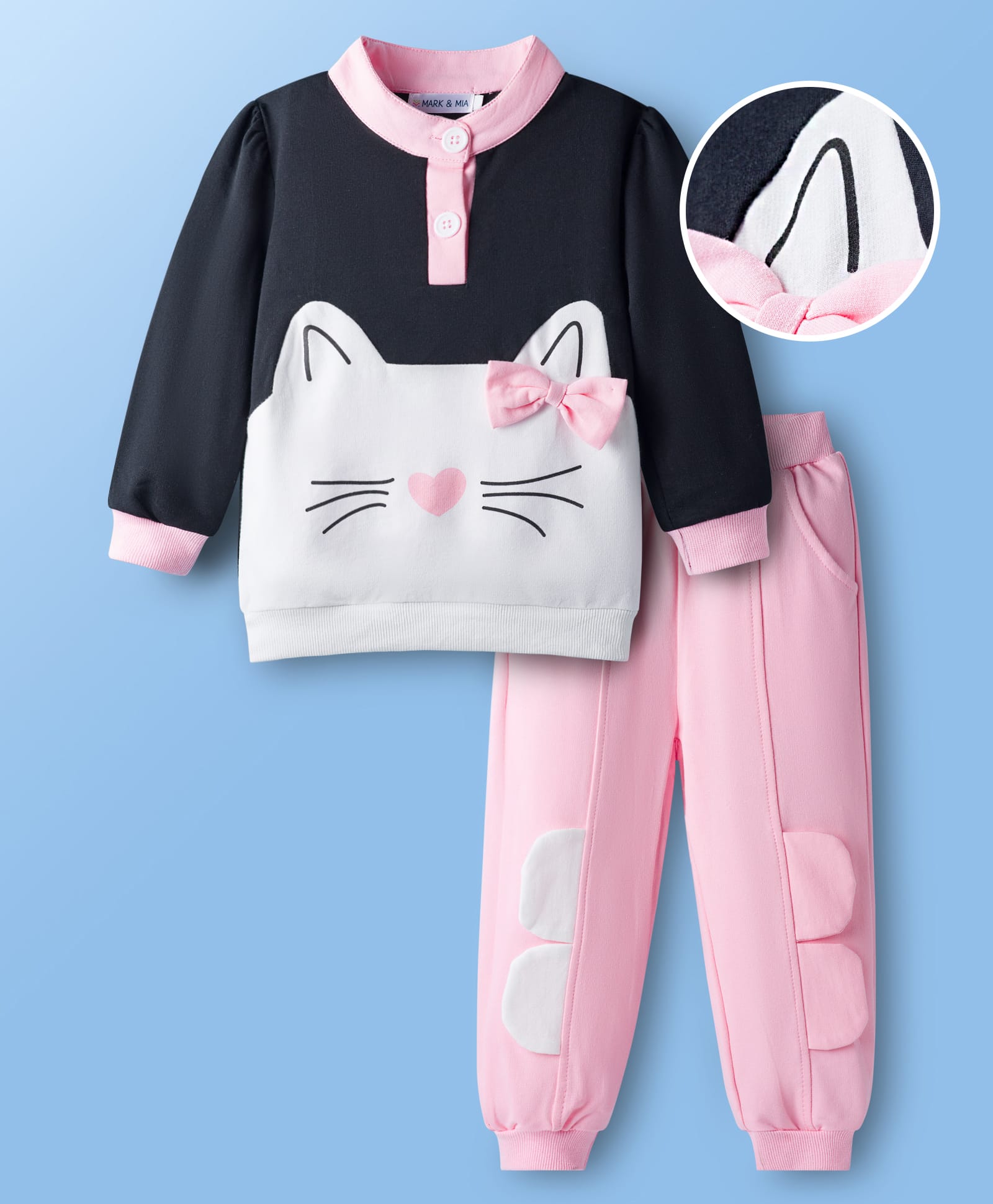 Mark & Mia Cotton Full Sleeves Top & Joggers Set With Cat & Bow Applique - Pink & Black-image-15