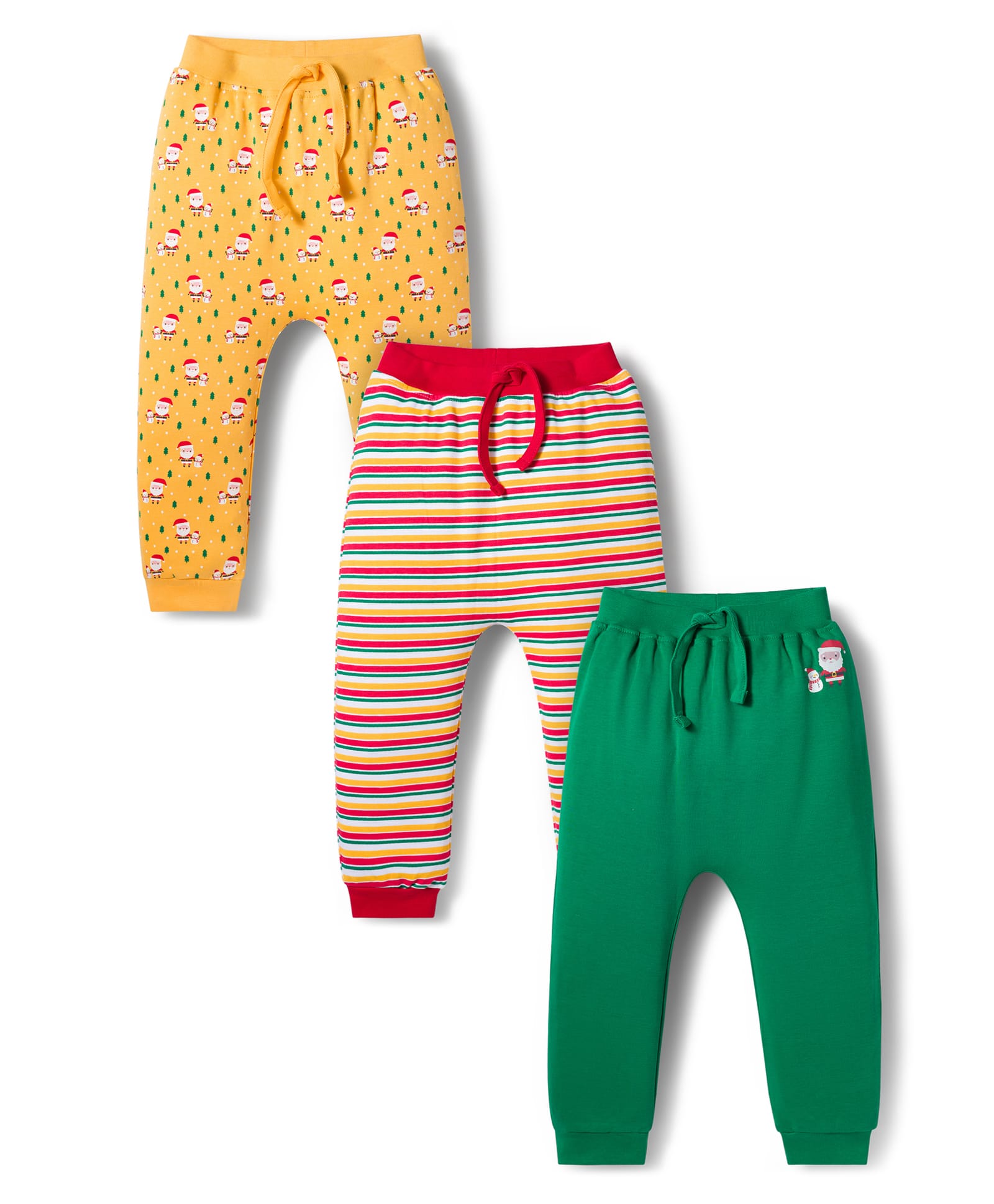 Babyhug Cotton Interlock Knit Full Length Diaper Leggings With Christmas Print Pack Of 3 - Green Yellow & Red-picture-14