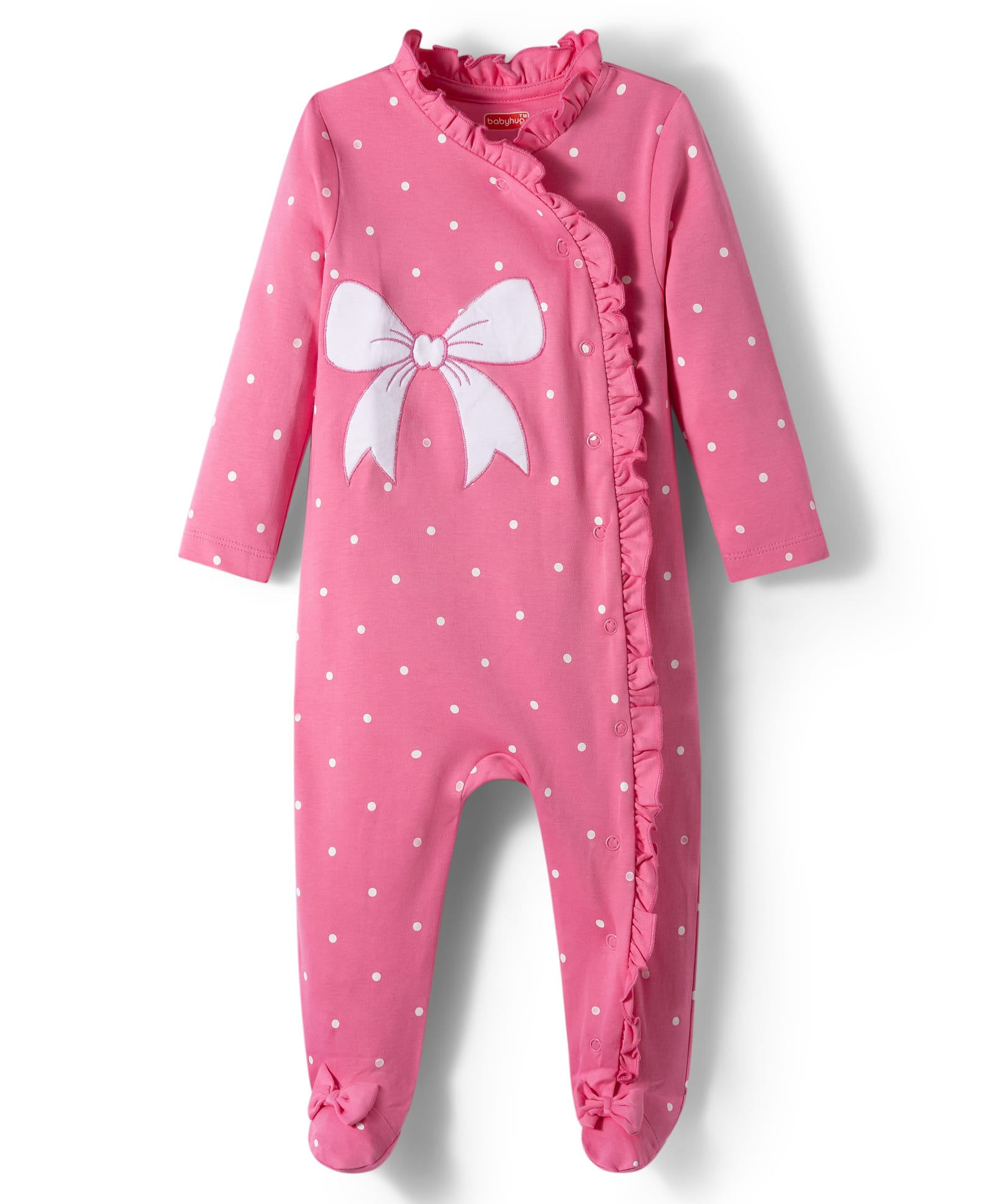 Babyhug Cotton Knit Full Sleeves Footed Sleepsuit With Bow Embriodery & Polka Dot Print - Pink-image-40