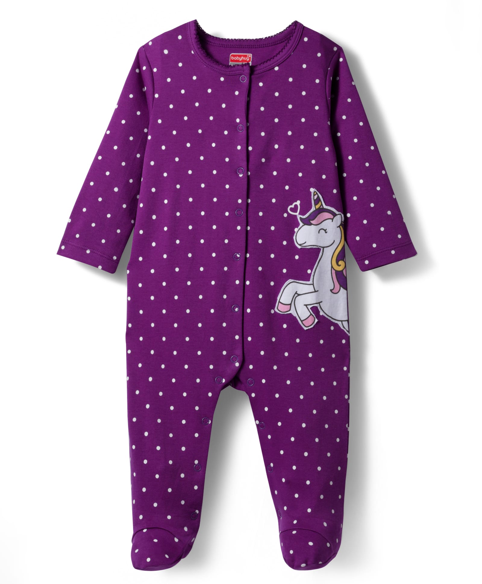 Babyhug Cotton Knit Full Sleeves Footed Sleepsuit With Polka Dots & Unicorn Print - Lavender-picture-31
