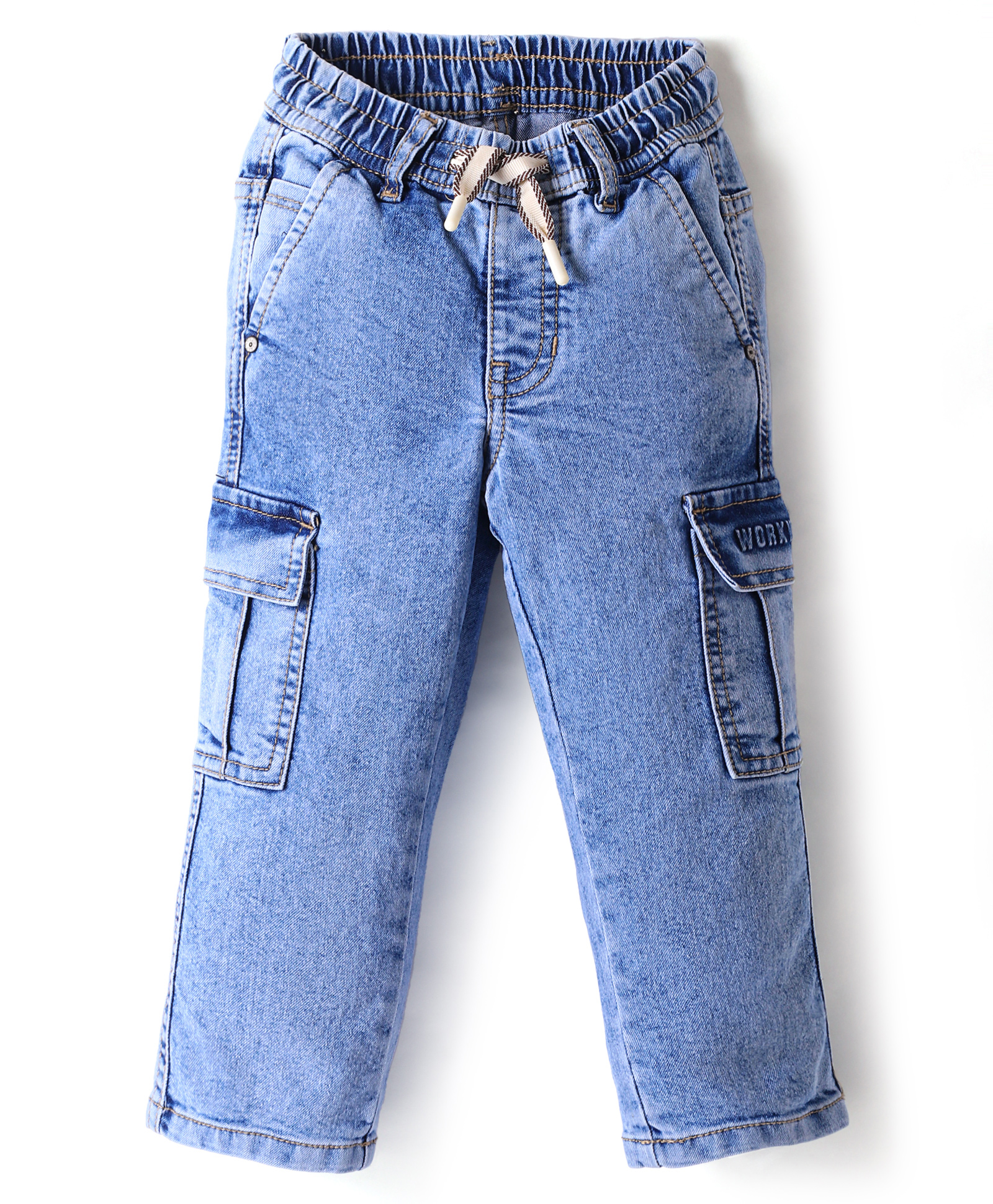 Ruff Denim Woven Full Length Washed Jeans With Cargo Pockets - Blue-image-23