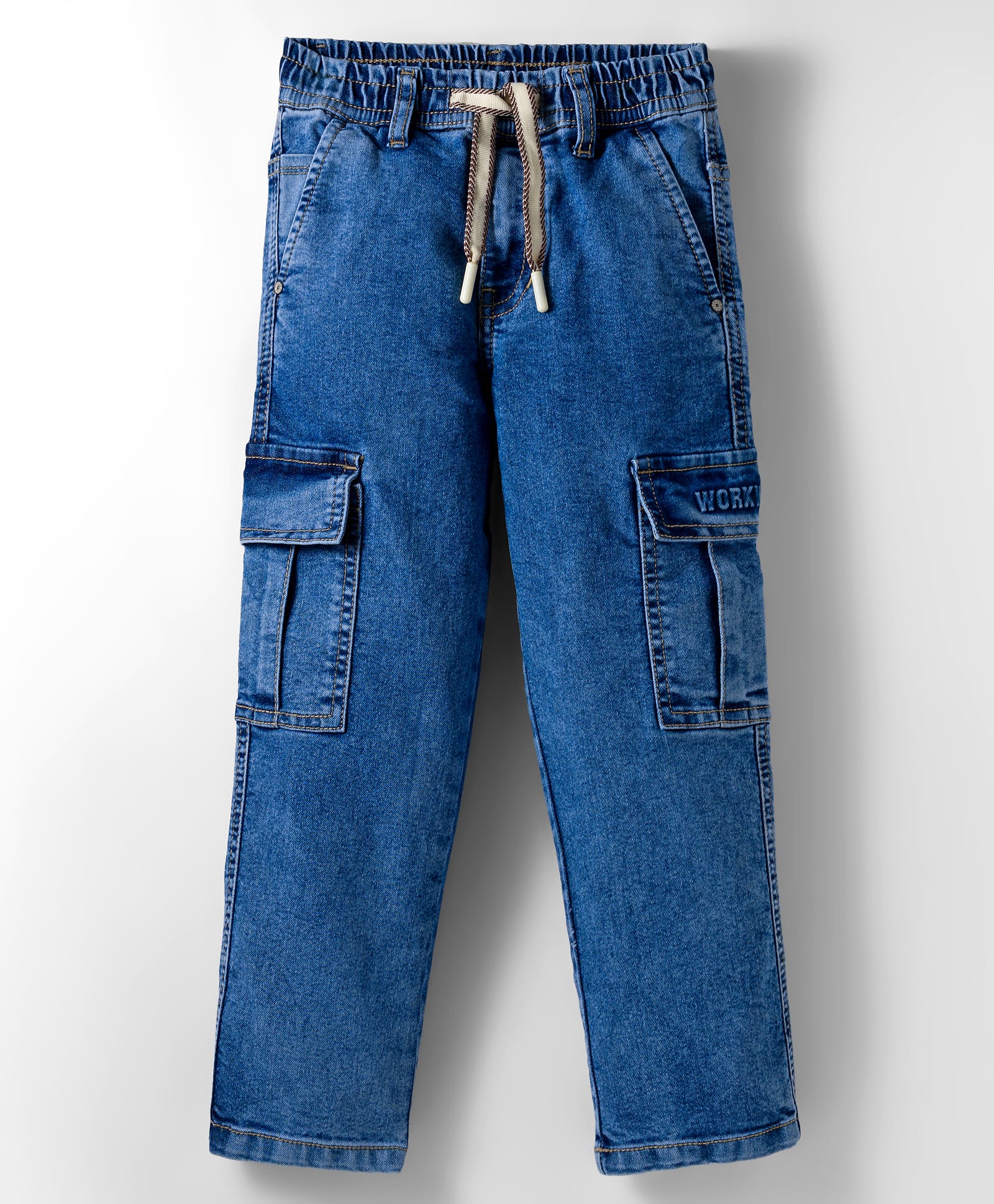Ruff Denim Woven Full Length Washed Jeans With Cargo Pockets - Blue-picture-16