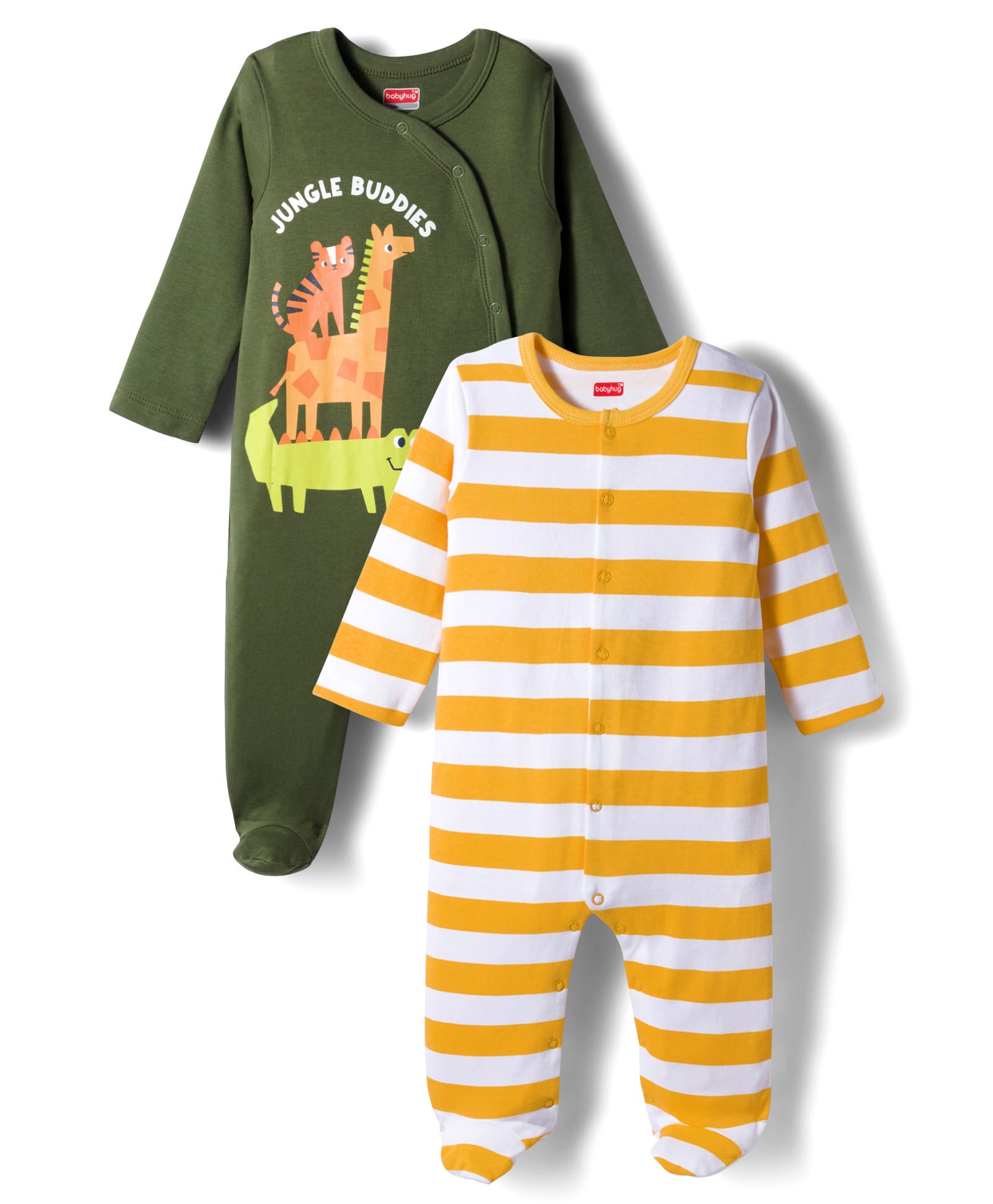 Babyhug Cotton Knit Full Sleeves Footed Sleepsuits With Stripes & Animal Print Pack Of 2 - Yellow & Green-image-49