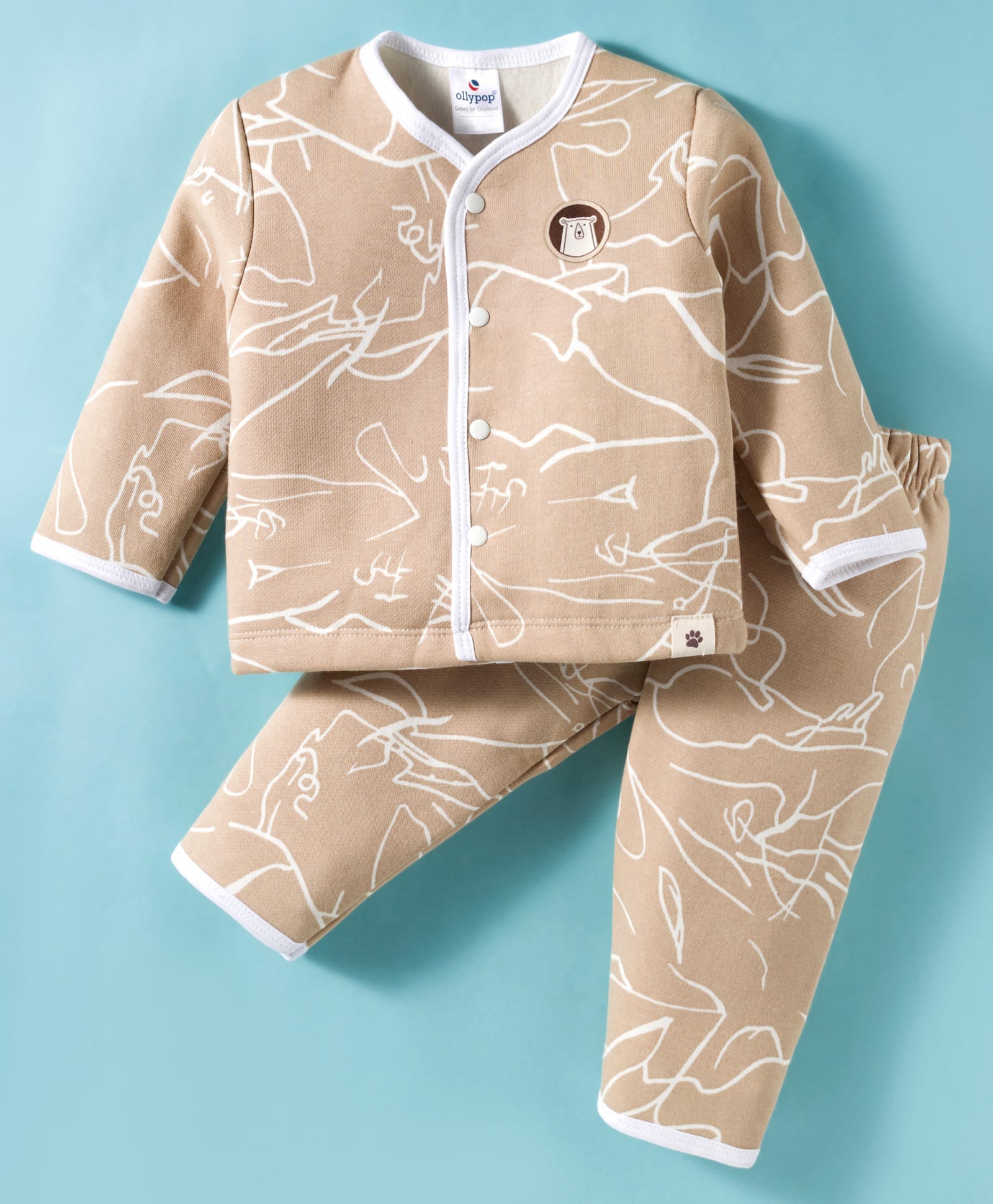 Ollypop Fleece Knit Full Sleeves Night Suit With Bear Print - Tan-image-6