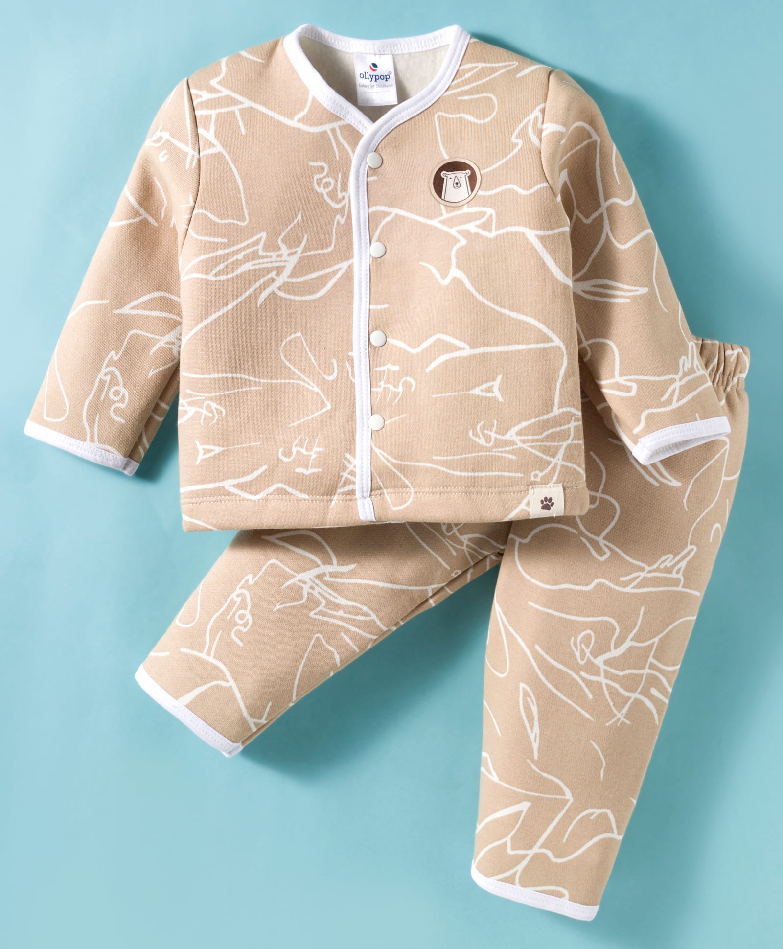 Ollypop Fleece Knit Full Sleeves Front Open Co-Ord Winter Nightsuit With Animal Patch & Abstract Print - Tan-image-23
