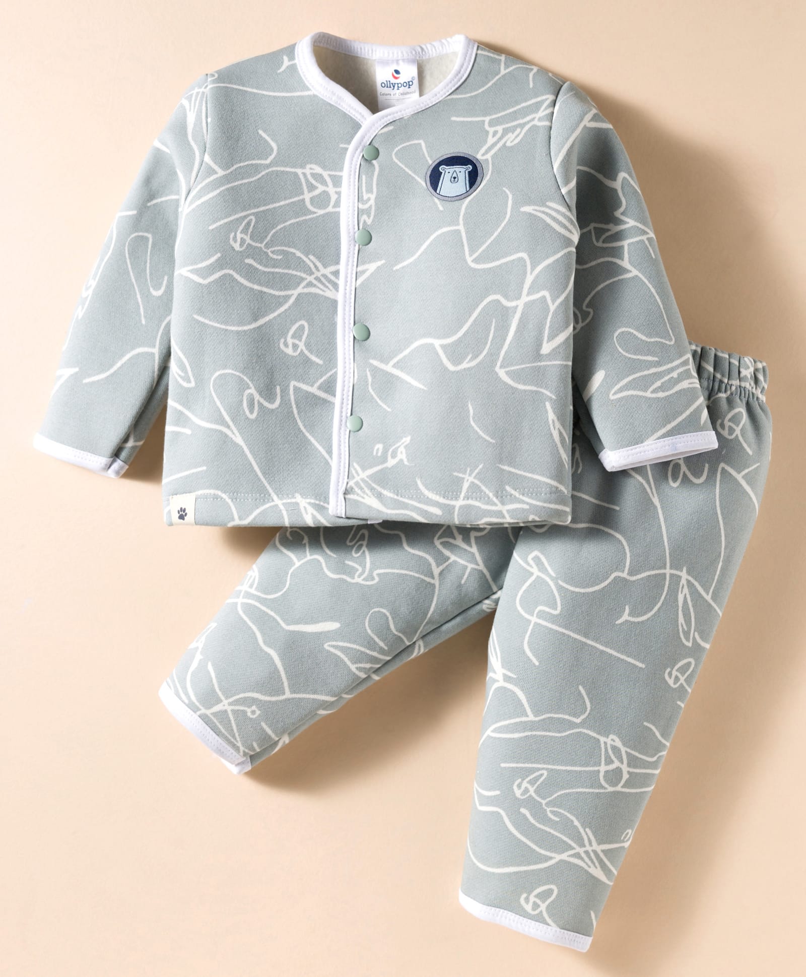 Ollypop Fleece Knit Full Sleeves Front Open Co-Ord Winter Nightsuit With Animal Patch & Abstract Print - Grey-picture-15