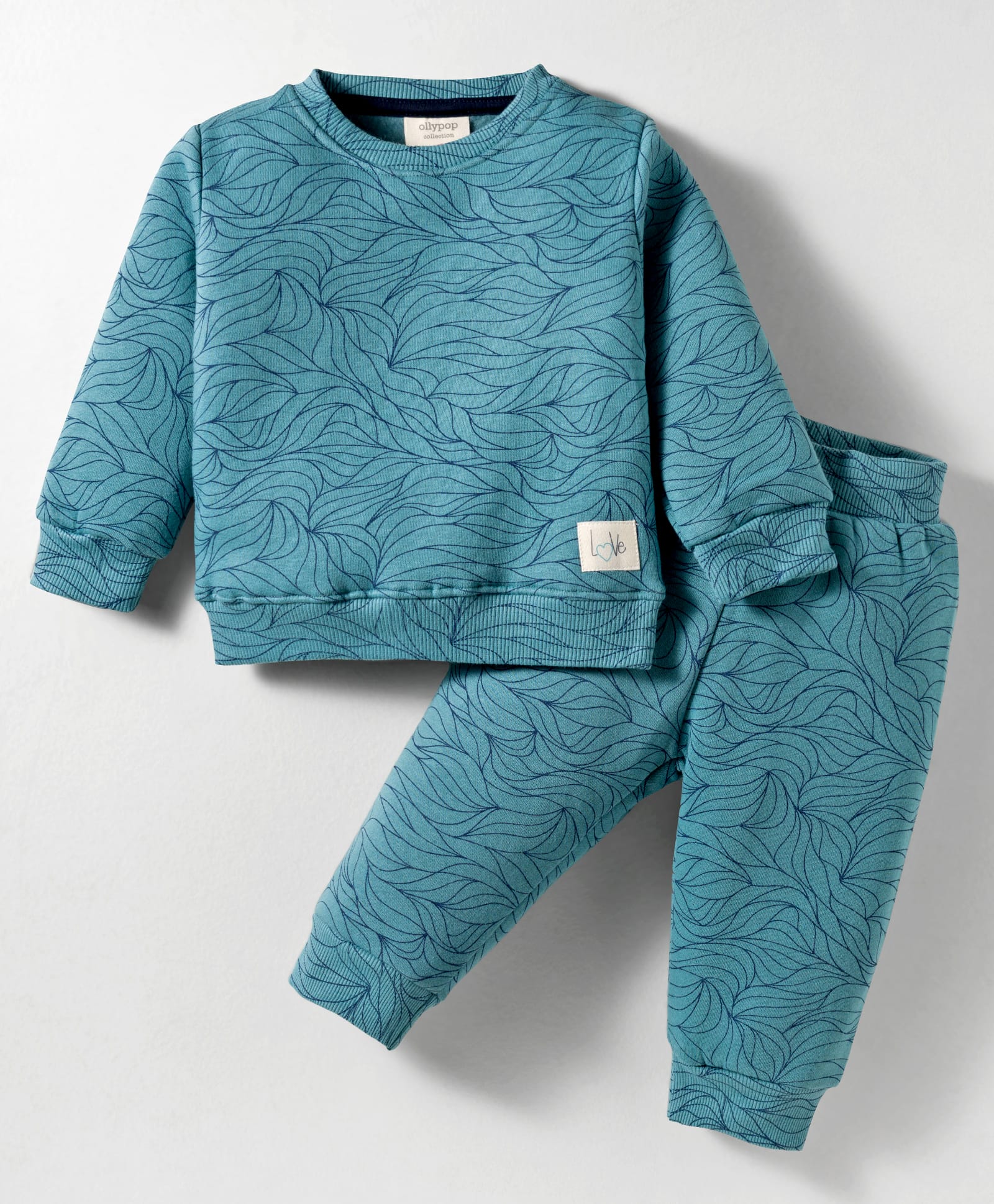 Ollypop Fleece Knit Full Sleeves Co-Ord Winter T-Shirt & Joggers Set With Abstract Print - Teal Blue-picture-28