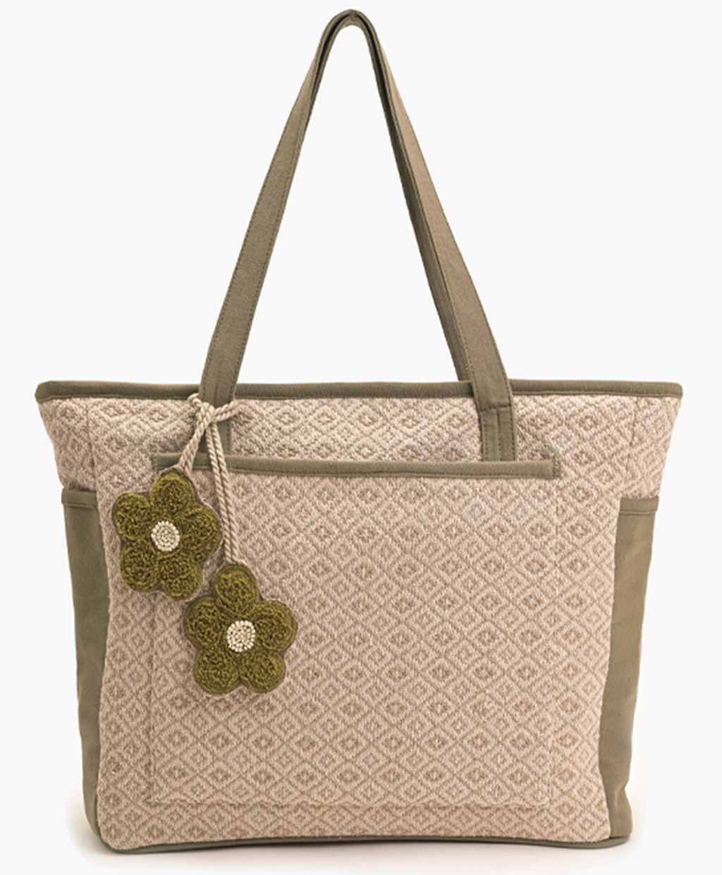 Boho girl Floral Tassel Jacquard Canvas Tote Shoulder Handbag Olive Green-image-4