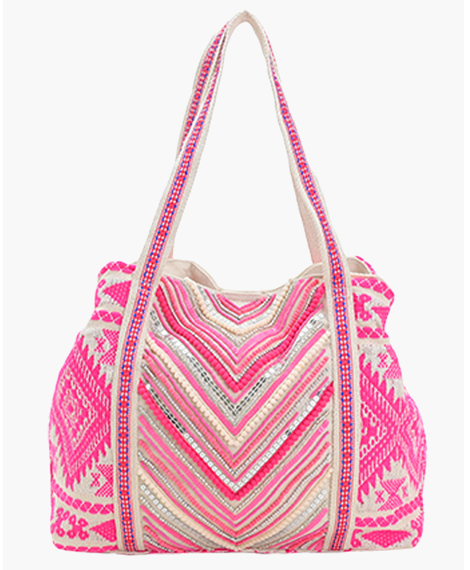Boho girl Pink Beaded Work Tote Shoulder Bag with Cotton Self-Design and 3 Compartments-image-3