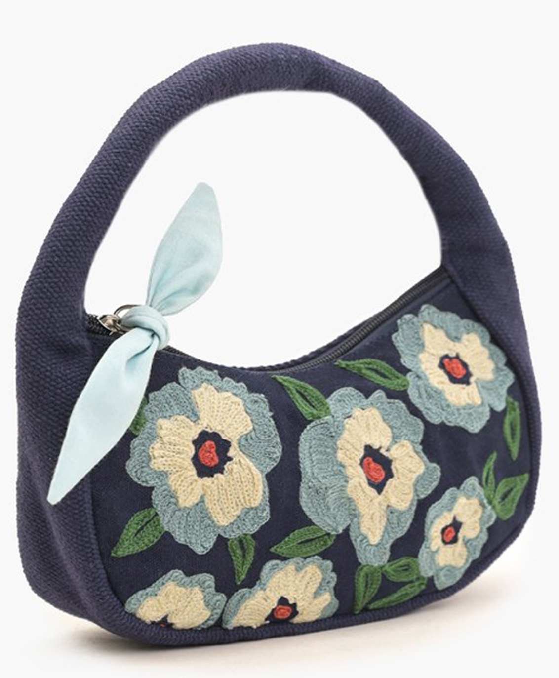 Boho girl Indigo Blossom Crescent Embroidered Floral Tote Handbag with Padded Handle and Ribbon Accent Navy Blue-image-9