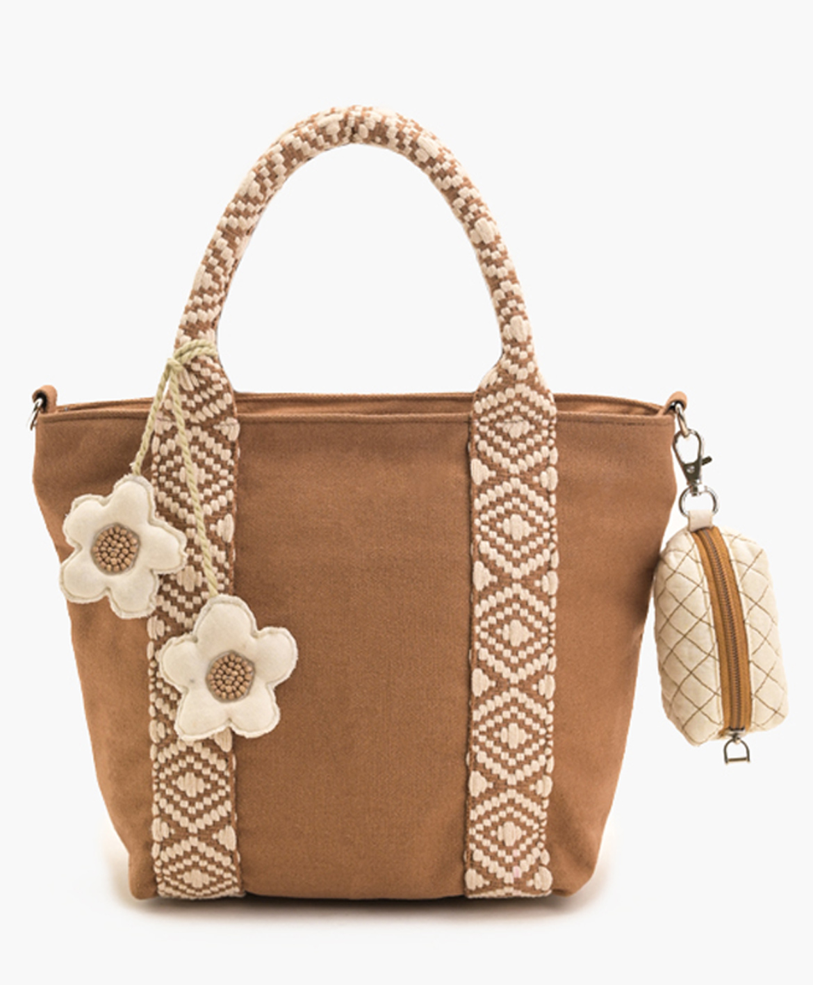 Boho girl Desert Bloom Geometric Woven Tote Bag with White Tassels and Built-in Zip Pouch Camel Color Spacious Eco-Friendly Canvas Handbag-image-7
