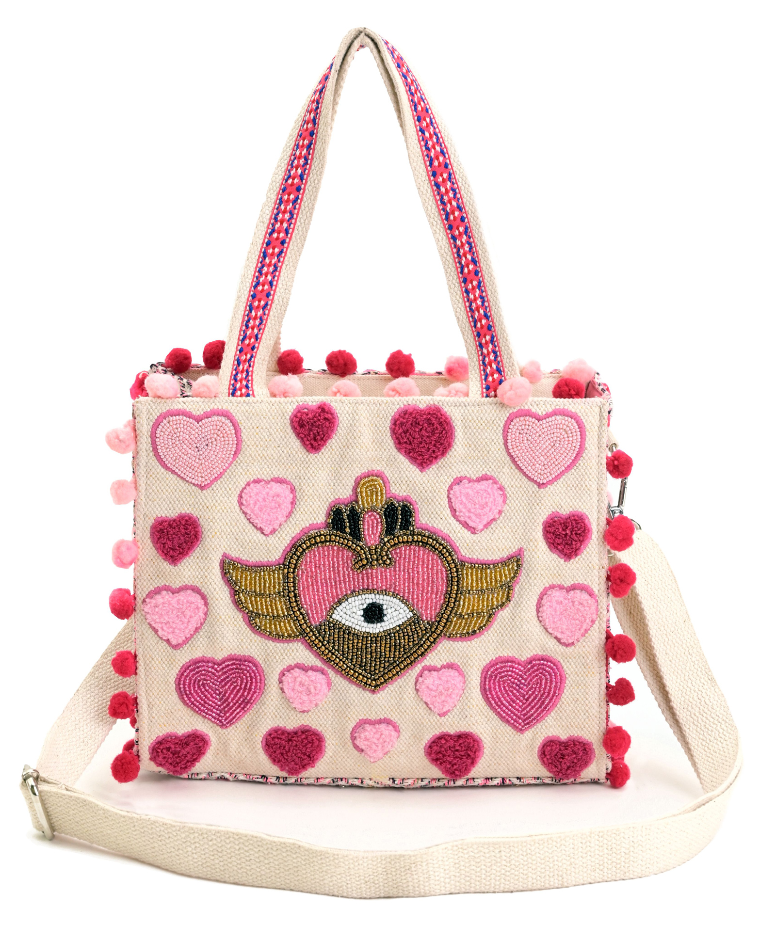 Boho girl Heartfelt Rose Wings Mini Tote Bag with Fully Embellished Front, Pom Pom Detailing, Adjustable & Detachable Shoulder Strap-picture-18