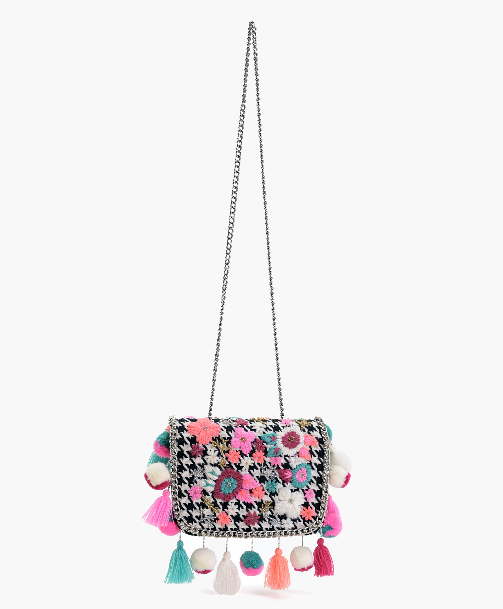 Boho girl Dazzling Colorful Sling with Chain Strap, Colorful Pom Pom & Tassel Detailing, Magnetic Button Closure for Day and Night Outings-image-5