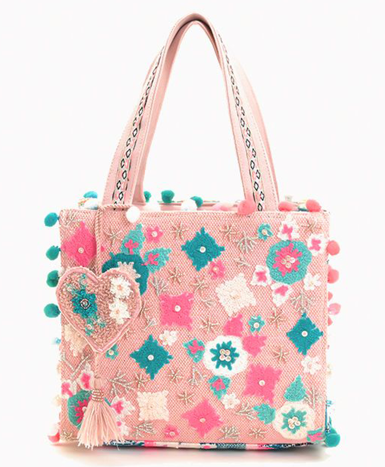 Boho girl Whimsical Pink Floral Embroidered Mini Tote Bag Pure Cotton, Pom Pom Lace, Adjustable Strap, Available in S/M/L Sizes-image-8