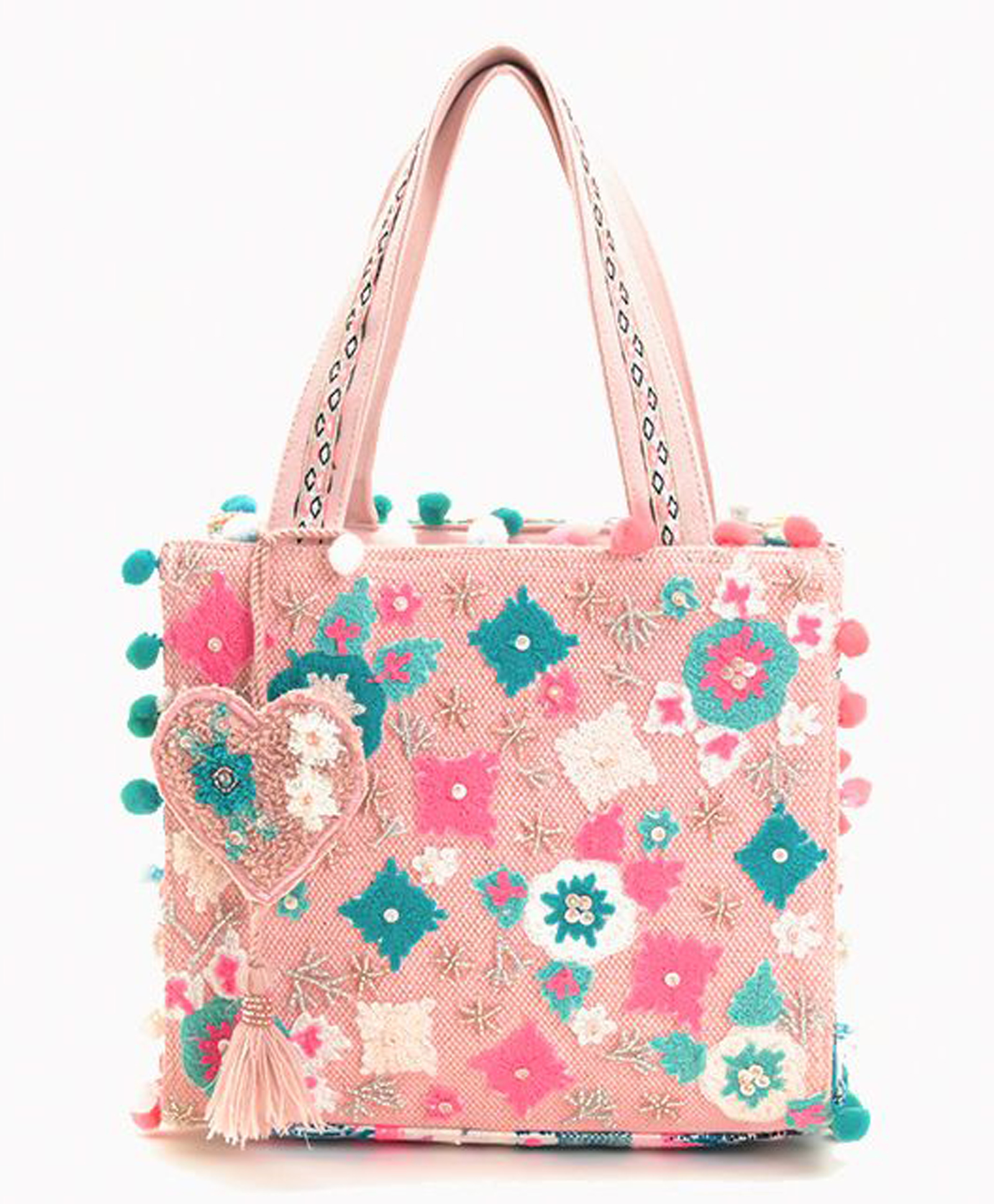 Boho girl Whimsical Pink Floral Embroidered Mini Tote Bag Pure Cotton, Pom Pom Lace, Adjustable Strap, Available in S/M/L Sizes-image-6