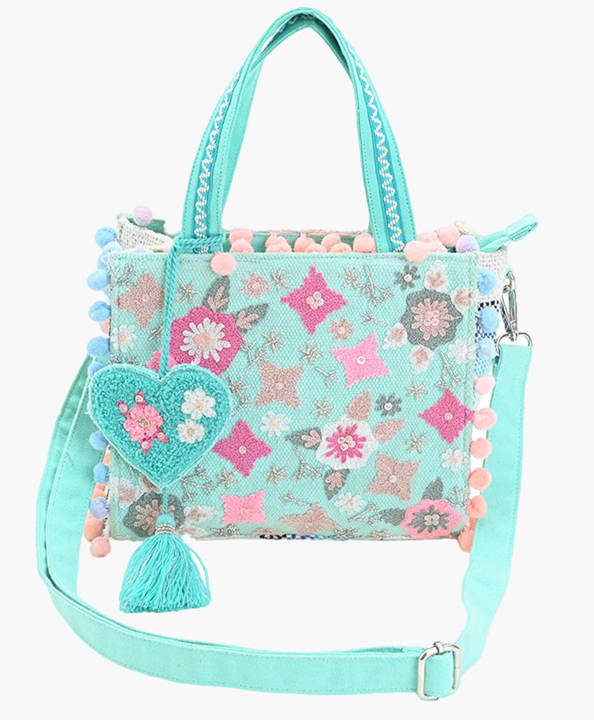 Boho girl Whimsical Turquoise Floral Embroidered Mini Tote Bag Pure Cotton, Pom Pom Lace, Heart Tassel, Crossbody Strap, S/M/L Sizes-image-44