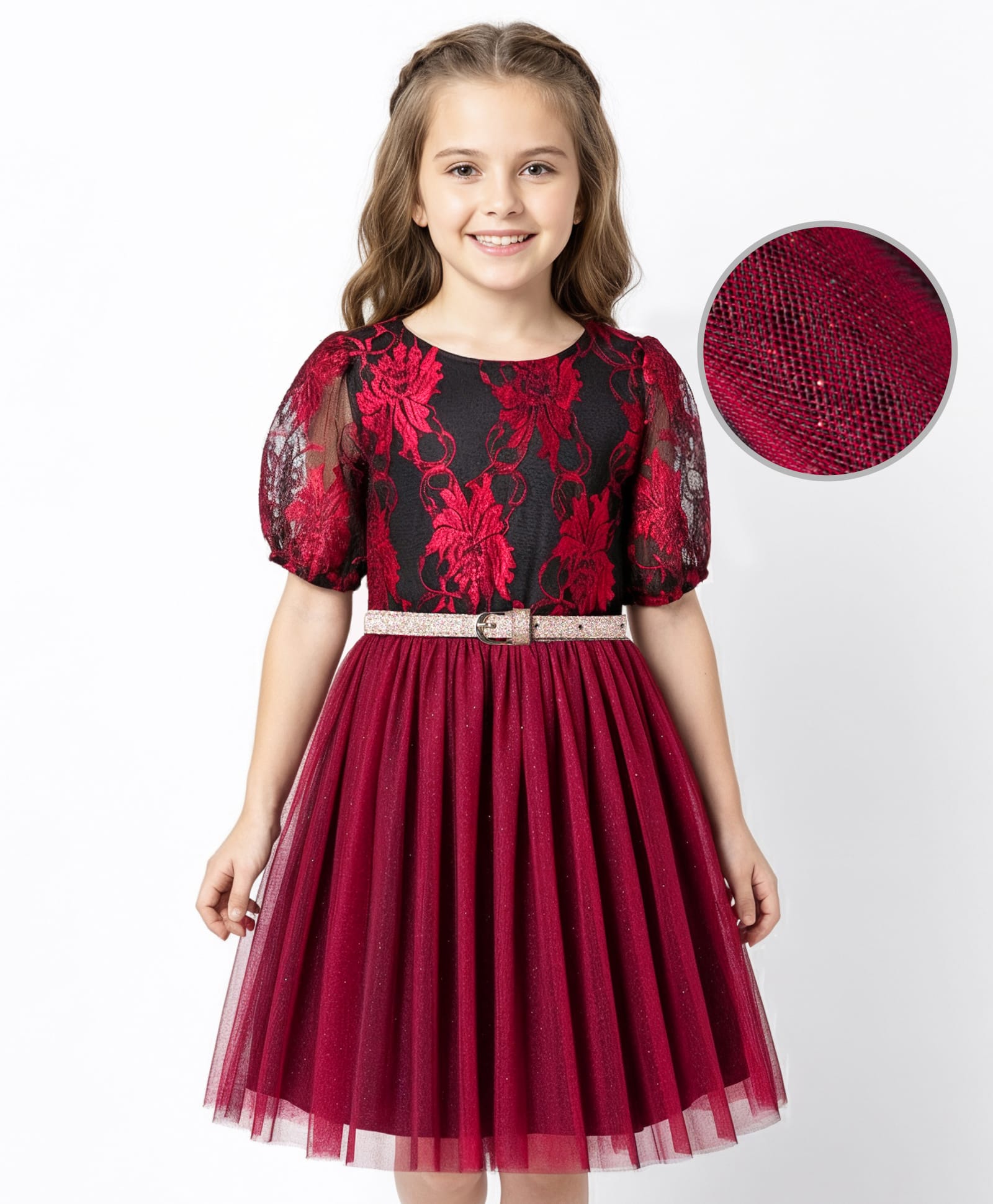 Hola Bonita Half Sleeves Floral Lace & Glitter Mesh Detailing Party Dress with Belt - Red-image-26