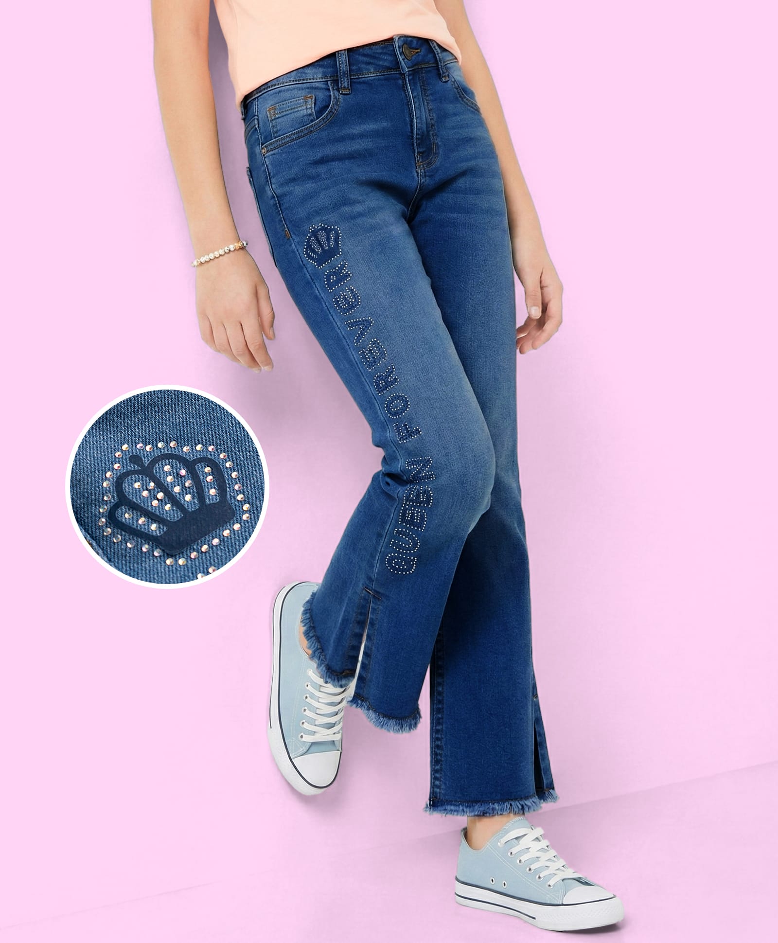 arias by lara dutta Arias Cotton Elastane Woven Full Length Washed Jeans with Text Print & Rhinestones Embellishment - Blue-picture-23