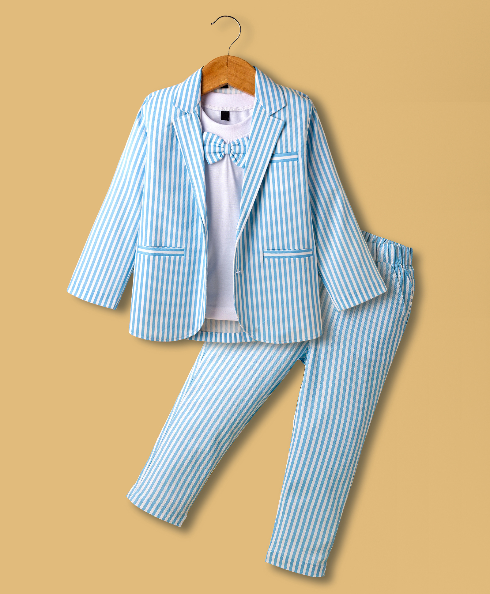 Rikidoos Full Sleeves Striped Blazer & Coordinating Pant With Bow Applique Detailed Tee Set - White & Sky Blue-picture-15