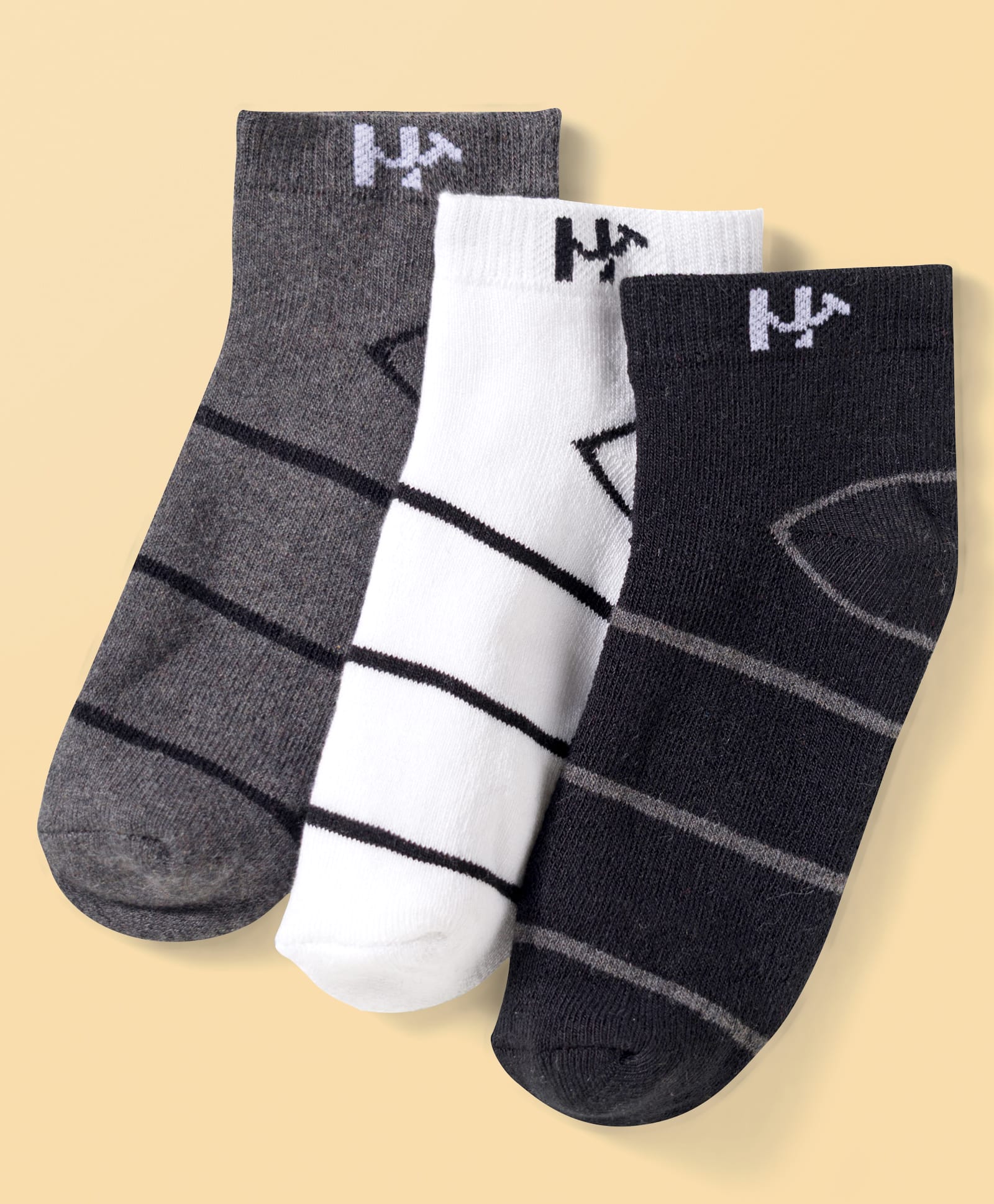 Honeyhap Premium Cotton Bamboo Spandex Knit Ankle Length Socks with Bio Finish & Stripes Pack of 3 - D. Grey Melange Black & White-image-32