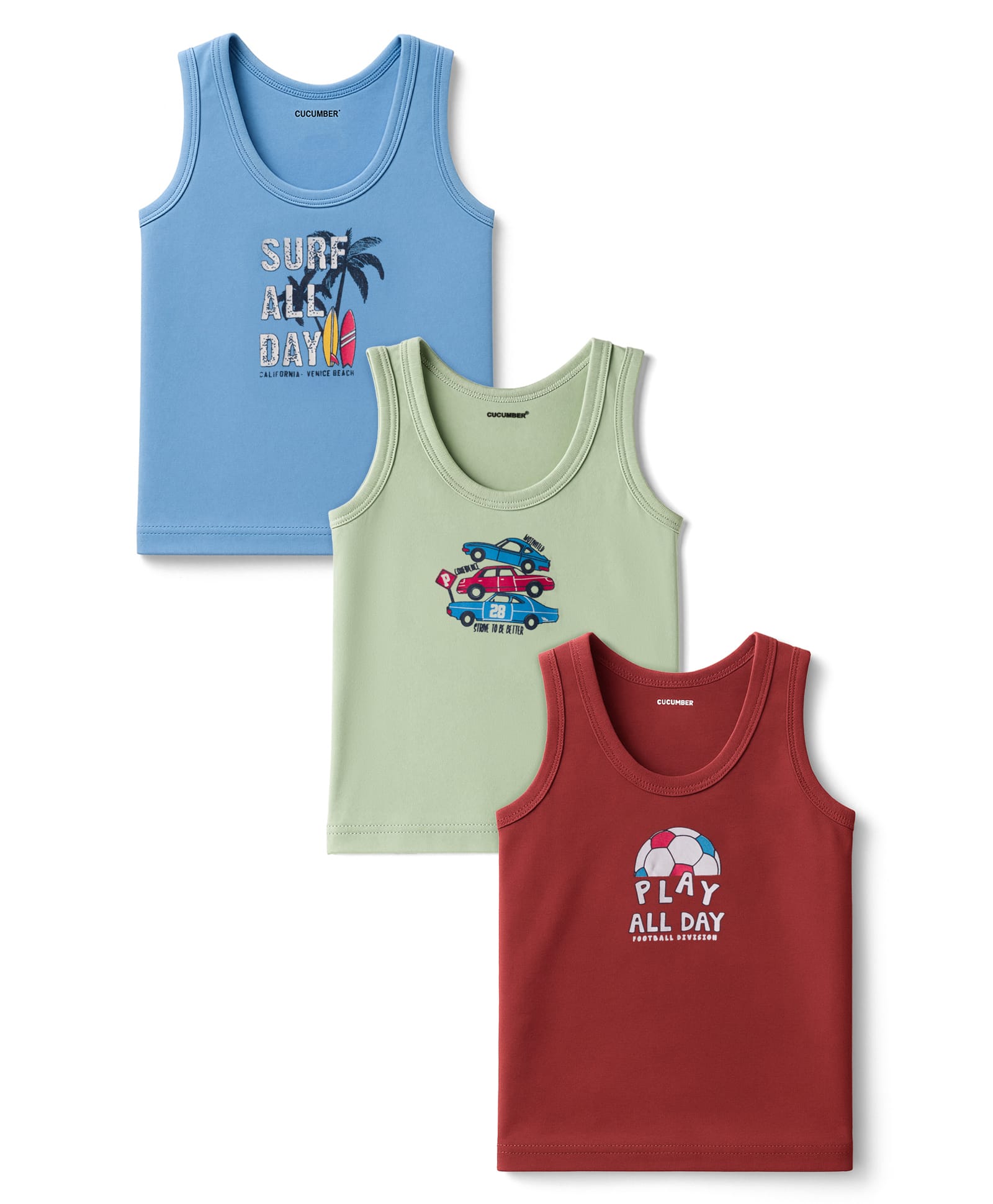 CUCUMBER Sinker Knit Sleeveless Vest With Vehicle & Surf Text Print Pack of 3 - Light Blue & Light Green-image-41