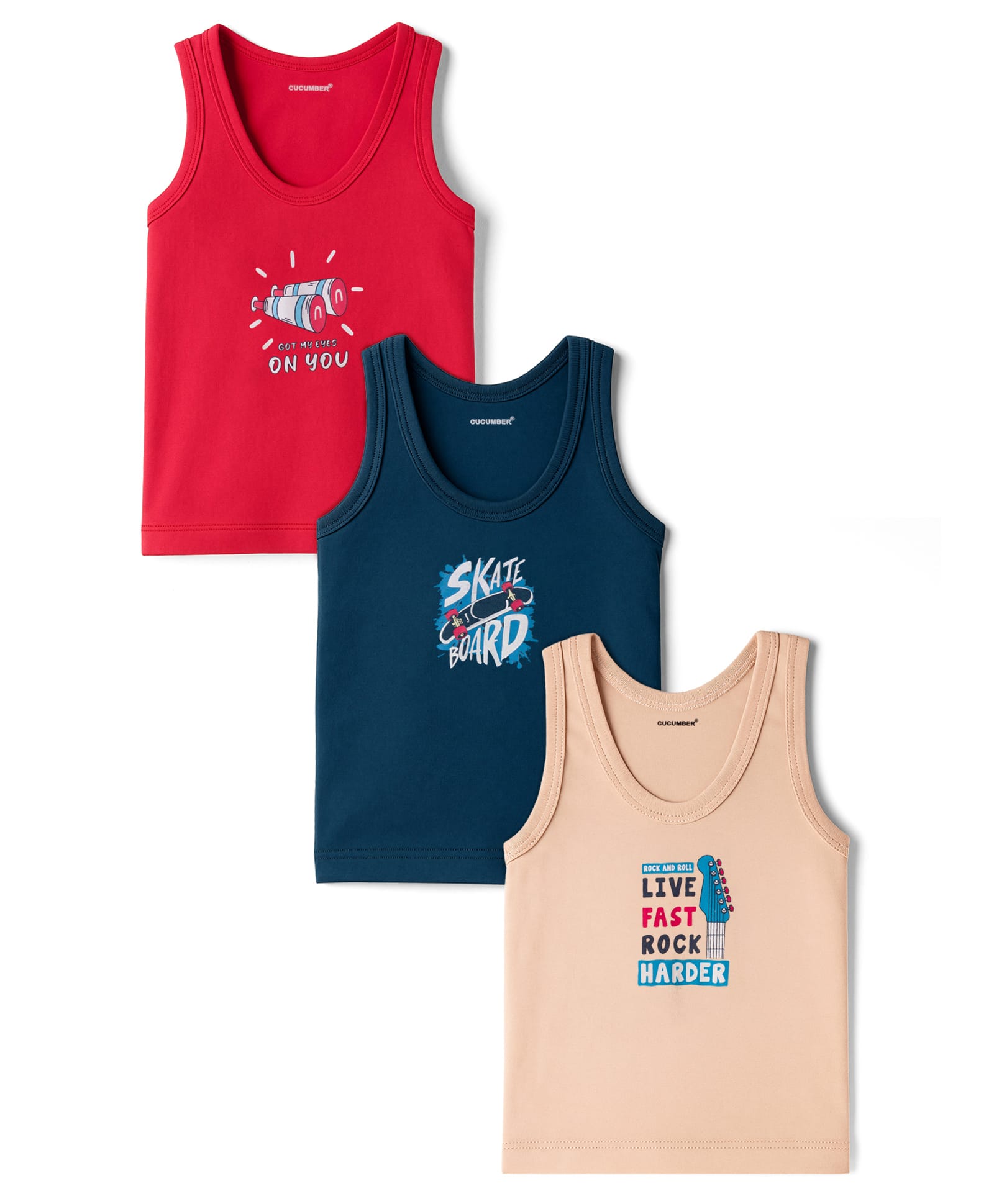 CUCUMBER Sinker Knit Sleeveless Vest With Skate Board Text Print Pack of 3 - Peach Red & Navy Blue-image-36