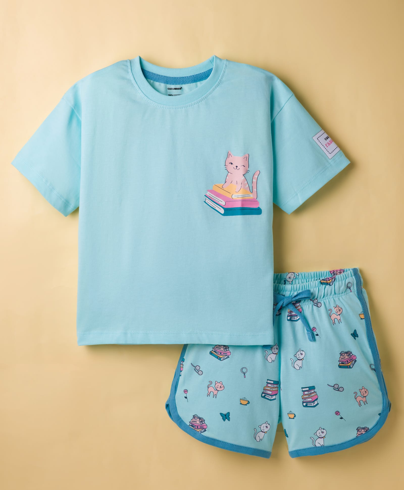 CUCUMBER Sinker Knit Half Sleeves Shorts Night Suit with Cat Print - Light Blue-image-15