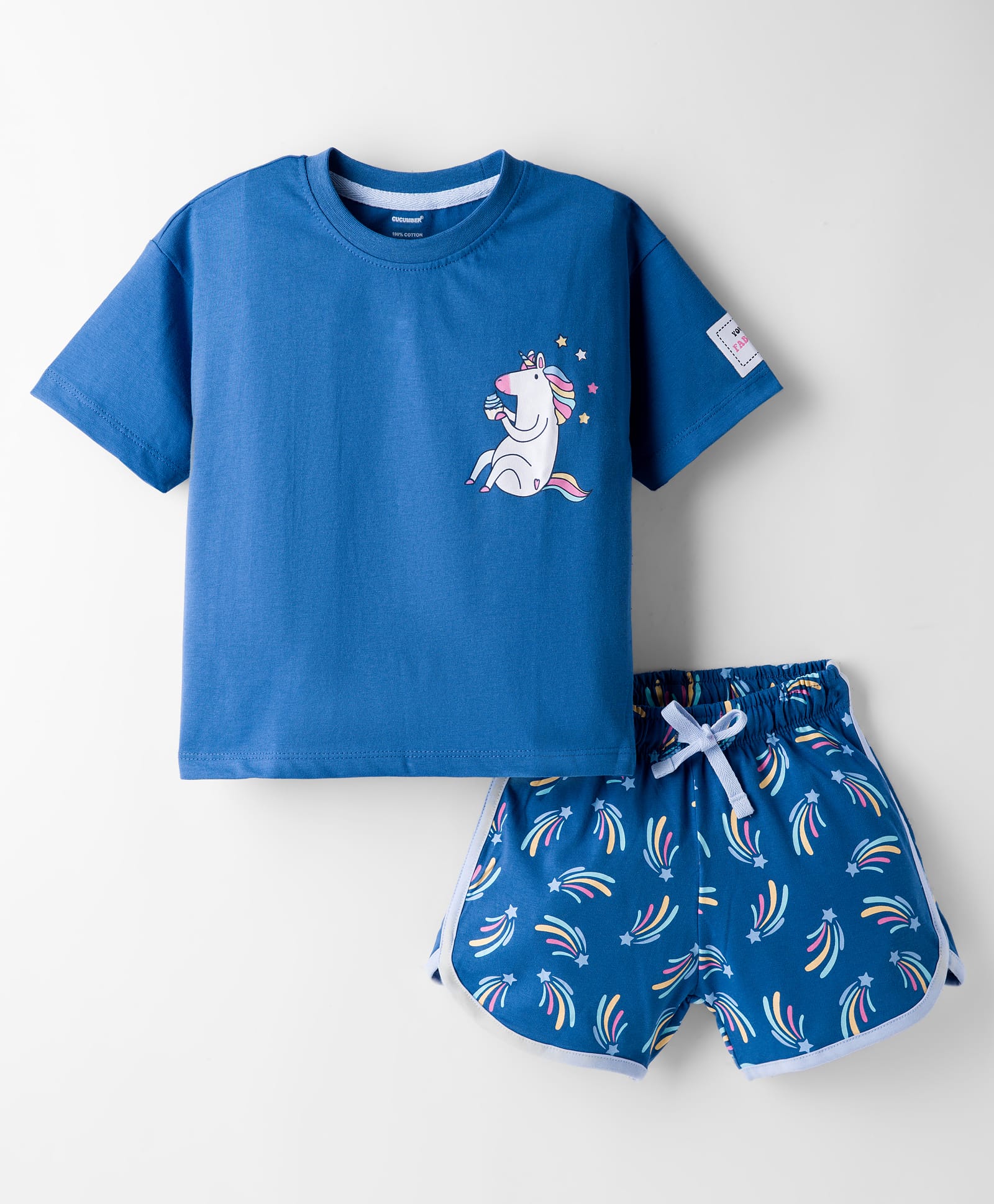 CUCUMBER Sinker Knit Half Sleeves Shorts Night Suit with Unicorn Print - Blue-image-38