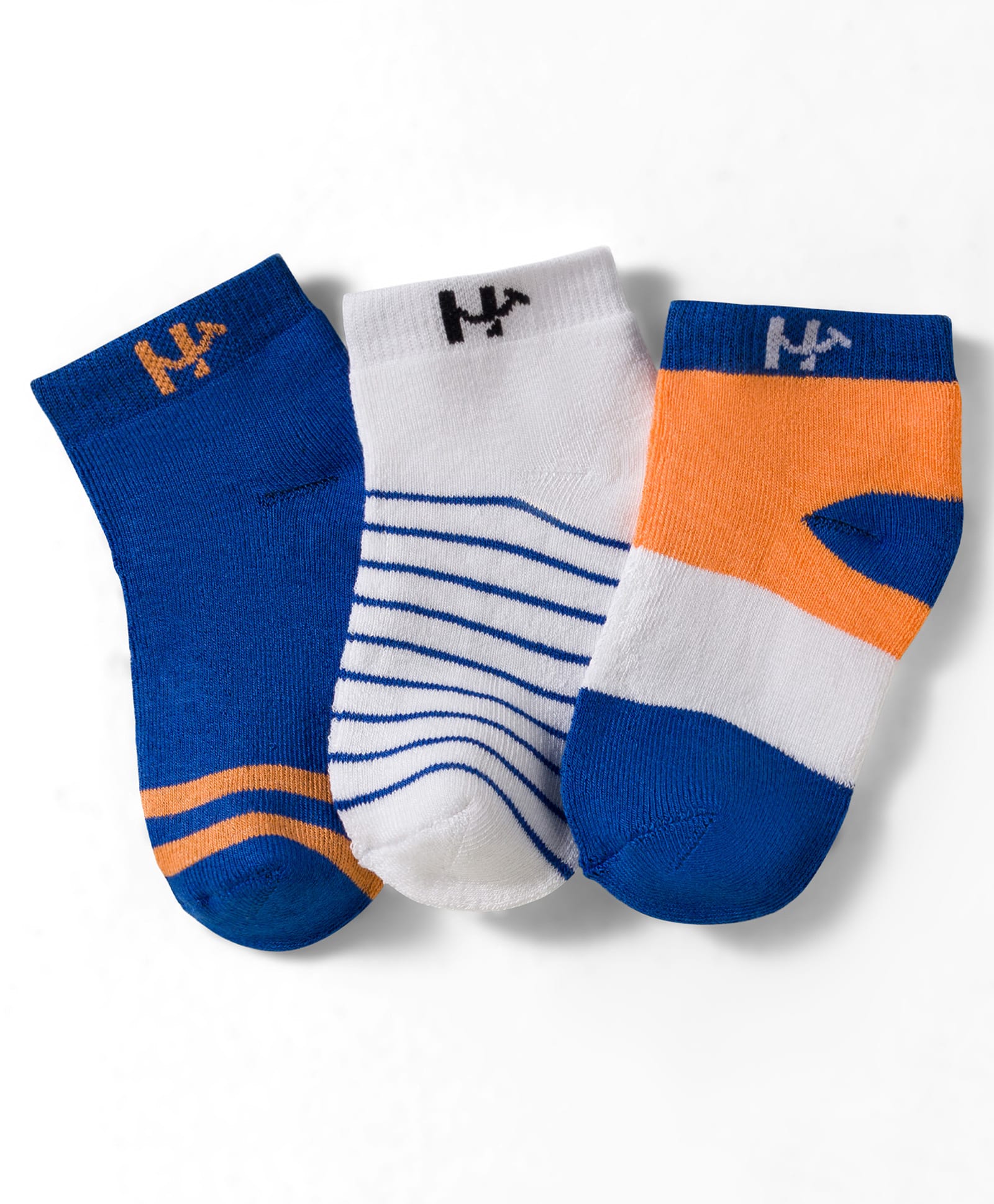 Honeyhap Premium Cotton Knit Bio Finish Ankle Length Socks With Stripe & Logo Design Pack of 3 - Royal Blue Iceland Poppy & Bright White-image-46