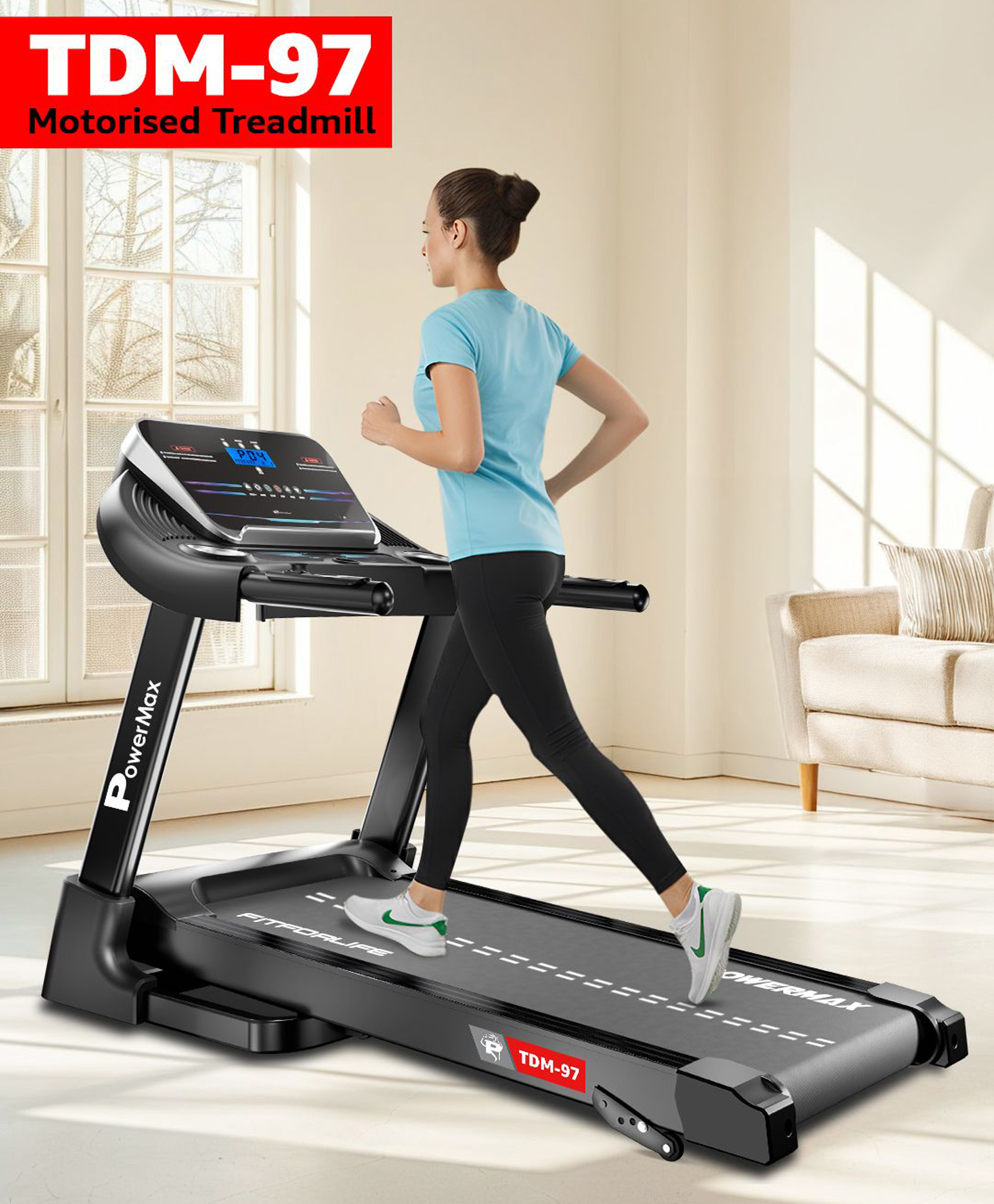 PowerMax Fitness TDM-97 4HP Manual Incline Motorized Foldable Treadmill with 12 preset Workouts, Max Speed 12kmph, Aux, Speaker|Cardio Machine for Max User 110Kg, Heart Rate Sensor, Black-picture-13