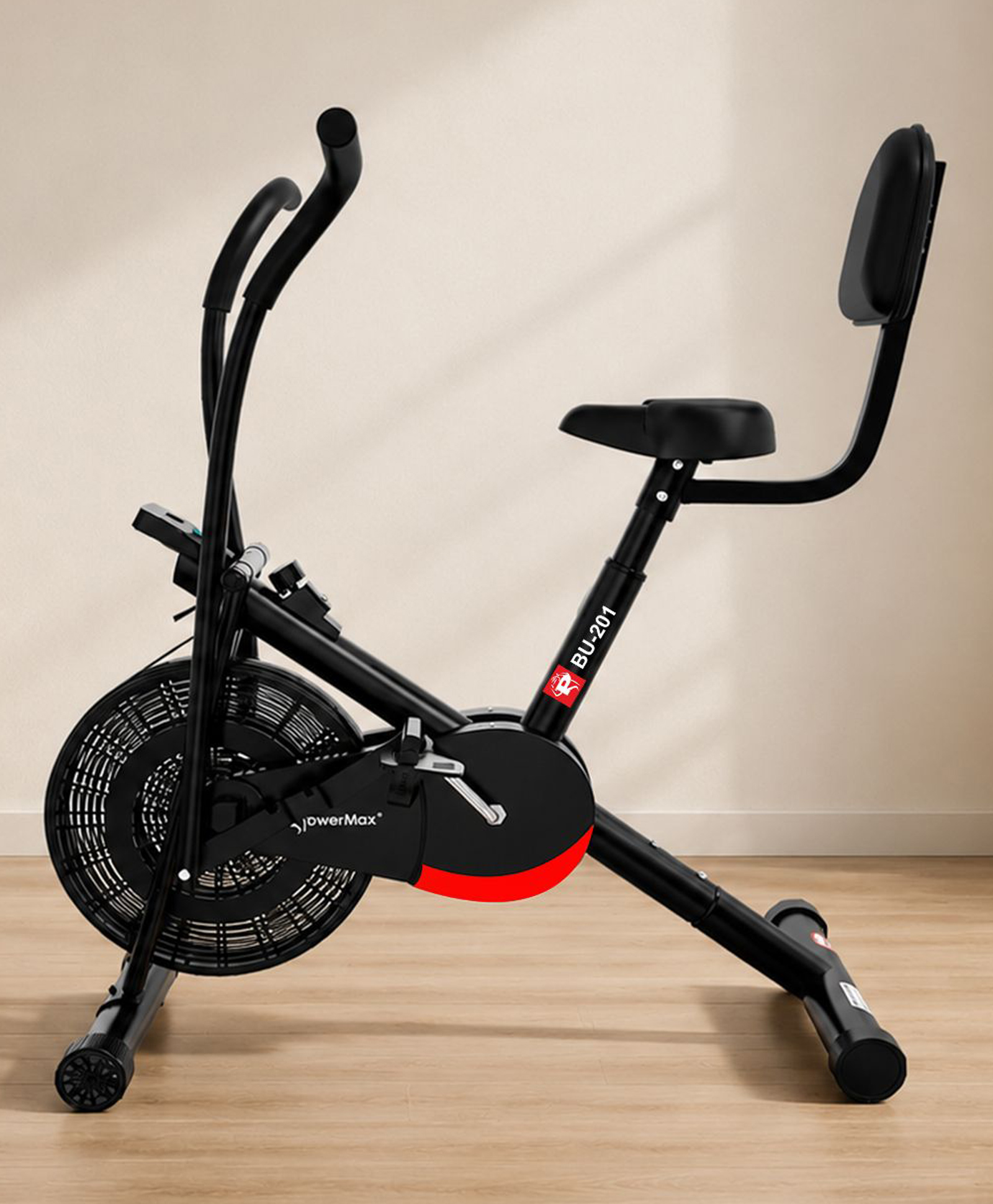 PowerMax Fitness BU-201 Dual Action Air Bike/Exercise Bike for Home |Gym Cycle for Workout With Adjustable Cushioned Seat | Non-Slip Pedals | Moving Handles Black Gym Bike, Max user weight 120 KG-image-4