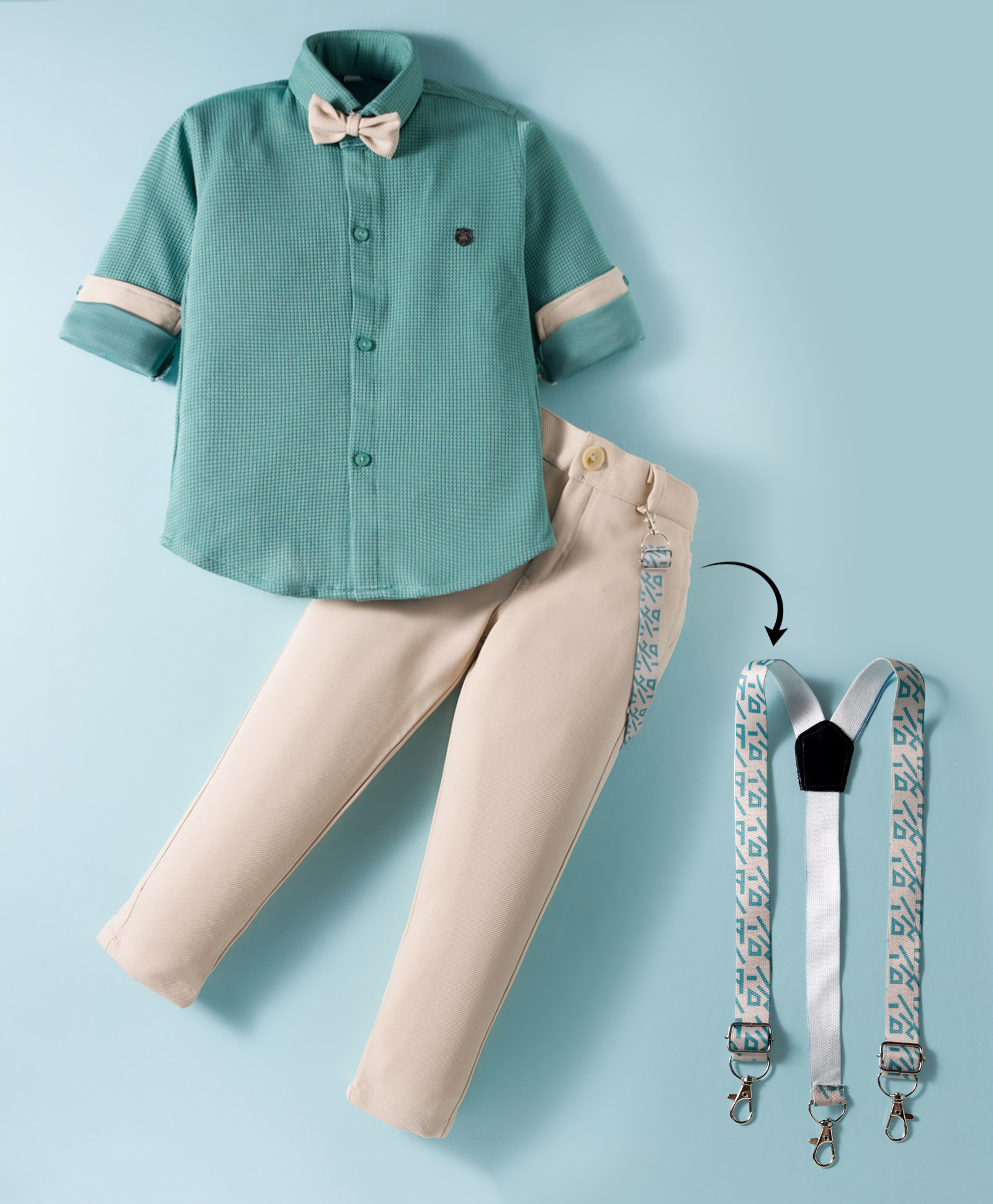 Rikidoos Full Sleeves Textured Shirt & Pant With Suspender & Bow Set - Light Green & Beige-picture-12