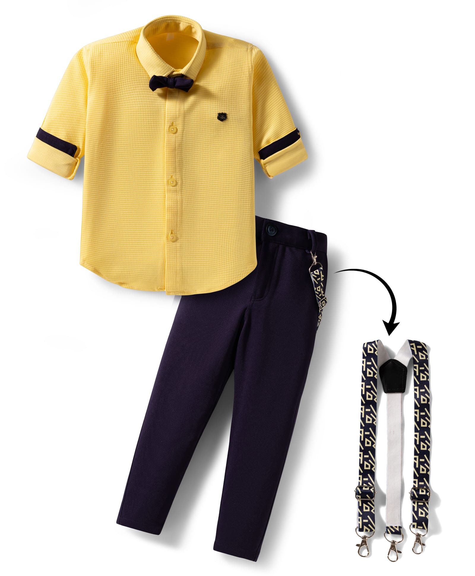 Rikidoos Full Sleeves Textured Shirt & Pant With Suspender & Bow Set - Yellow & Navy Blue-picture-33
