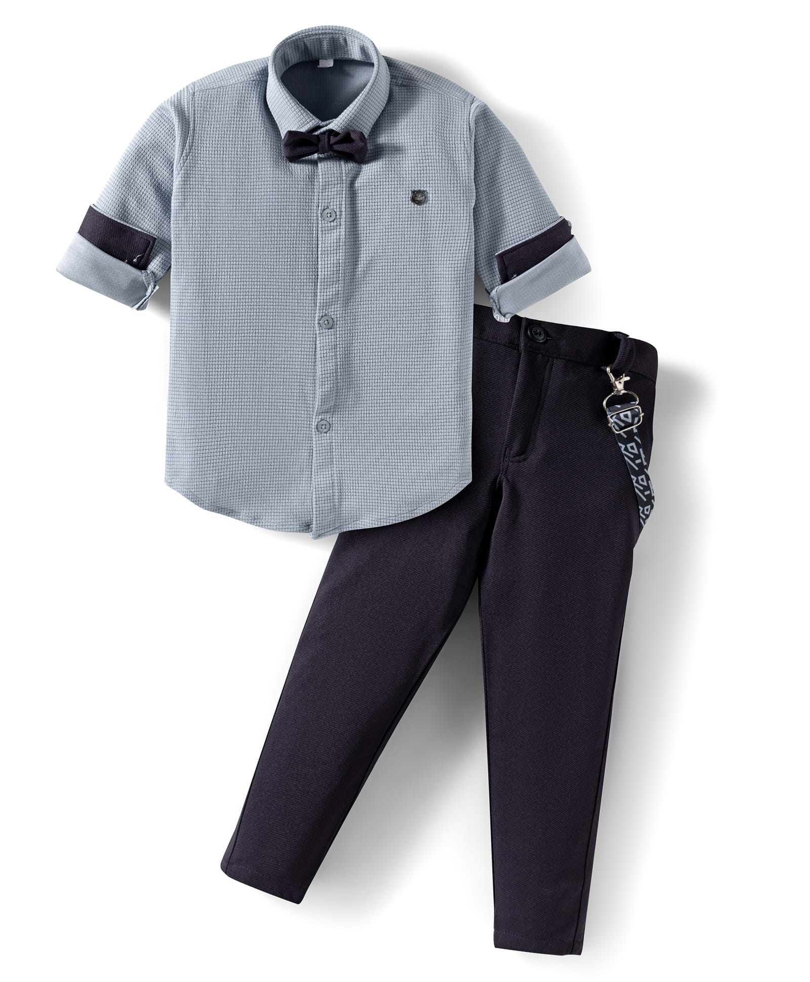 Rikidoos Full Sleeves Textured Shirt & Pant With Suspender & Bow Set - Light & Dark Grey-picture-11