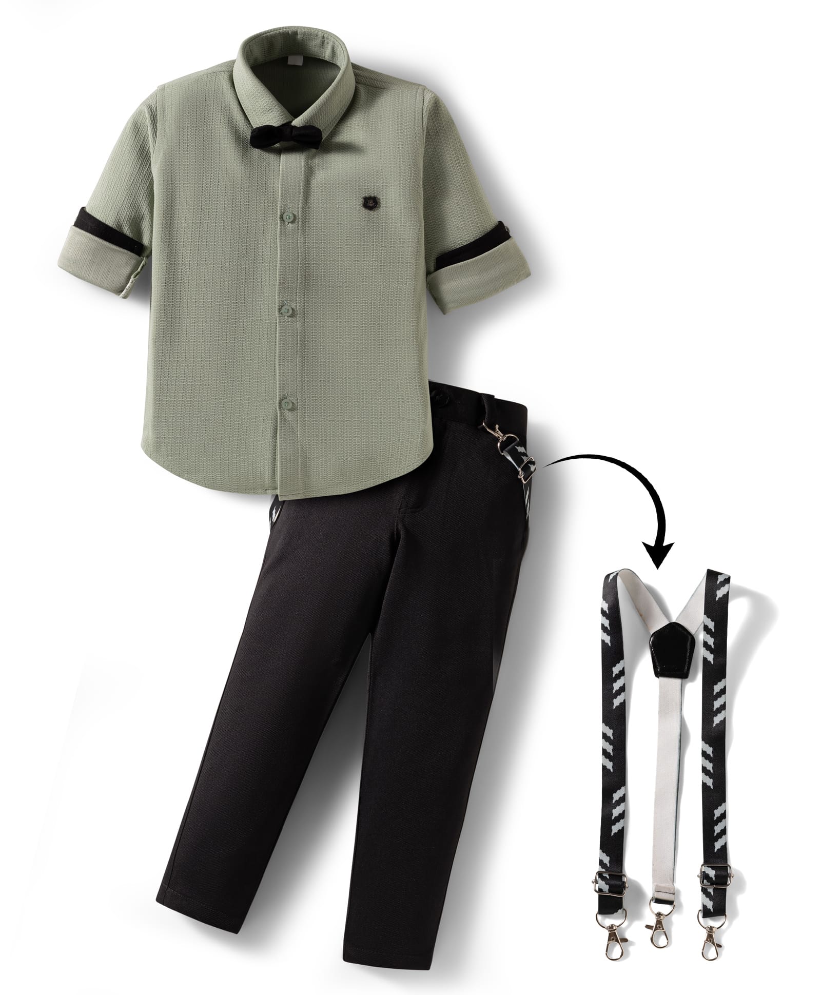 Rikidoos Full Sleeves Textured Shirt & Pant With Suspender & Bow Set - Pista & Black-picture-32