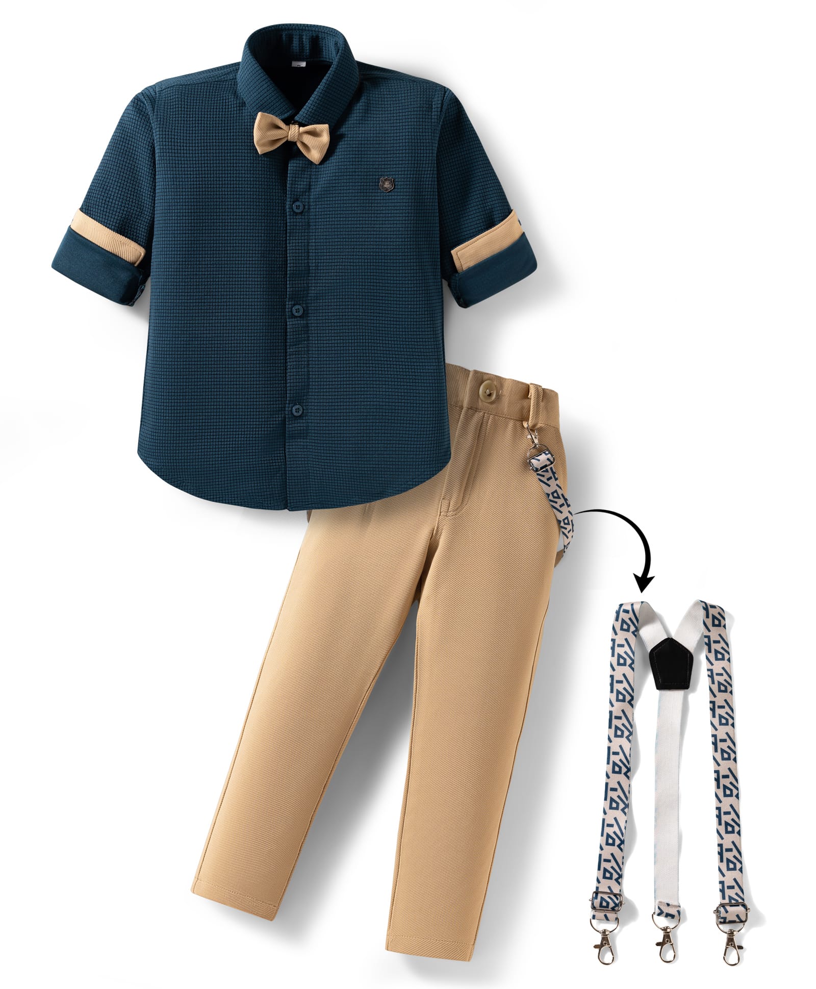 Rikidoos Full Sleeves Textured Shirt & Pant With Suspender & Bow Set - Peacock & Fawn-picture-35