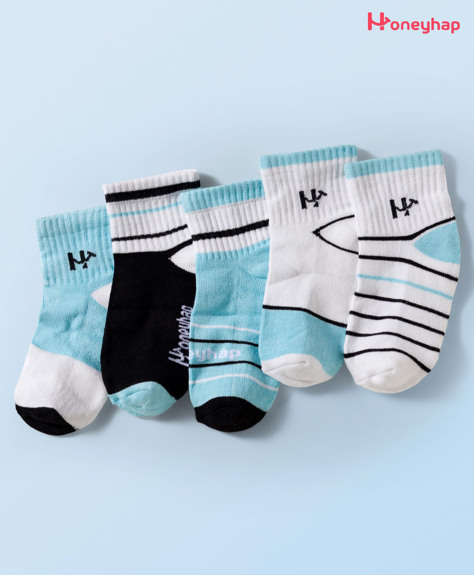 Honeyhap Premium Cotton Bamboo Spandex Ankle Length Socks With Bio Finish Pack of 5 - Blue Elixer White Black Blue & White Stripe-image-49