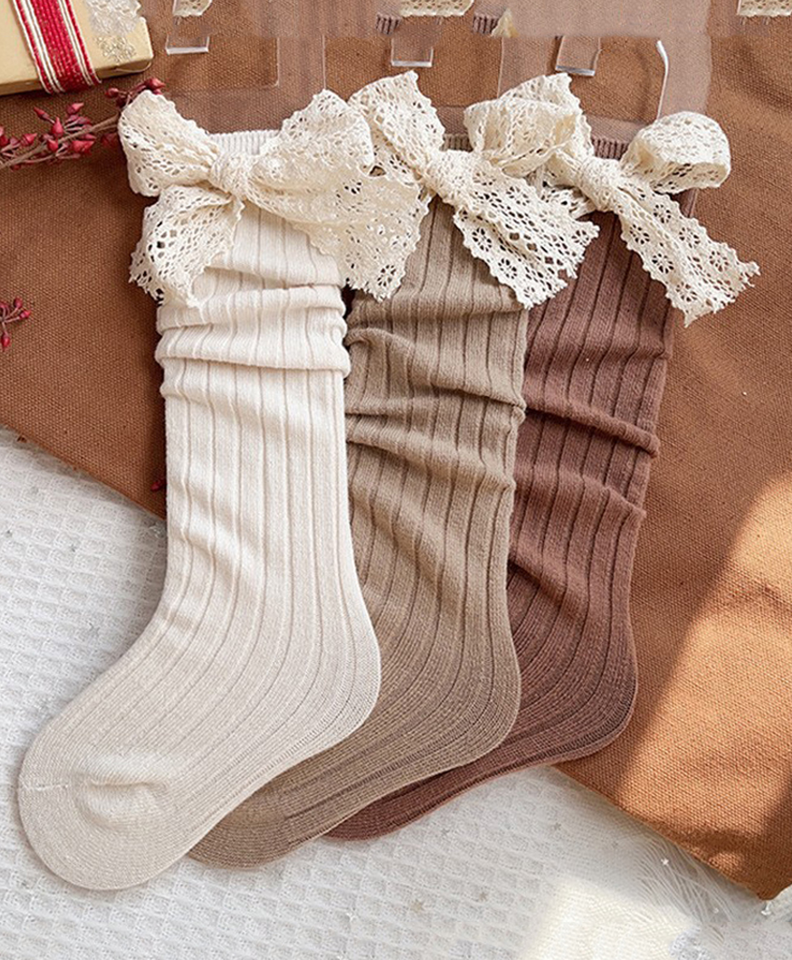 Kidofash Knit Pack Of 3 Crotchet Bow Applique Detailed Ribbed Socks - Brown-picture-13