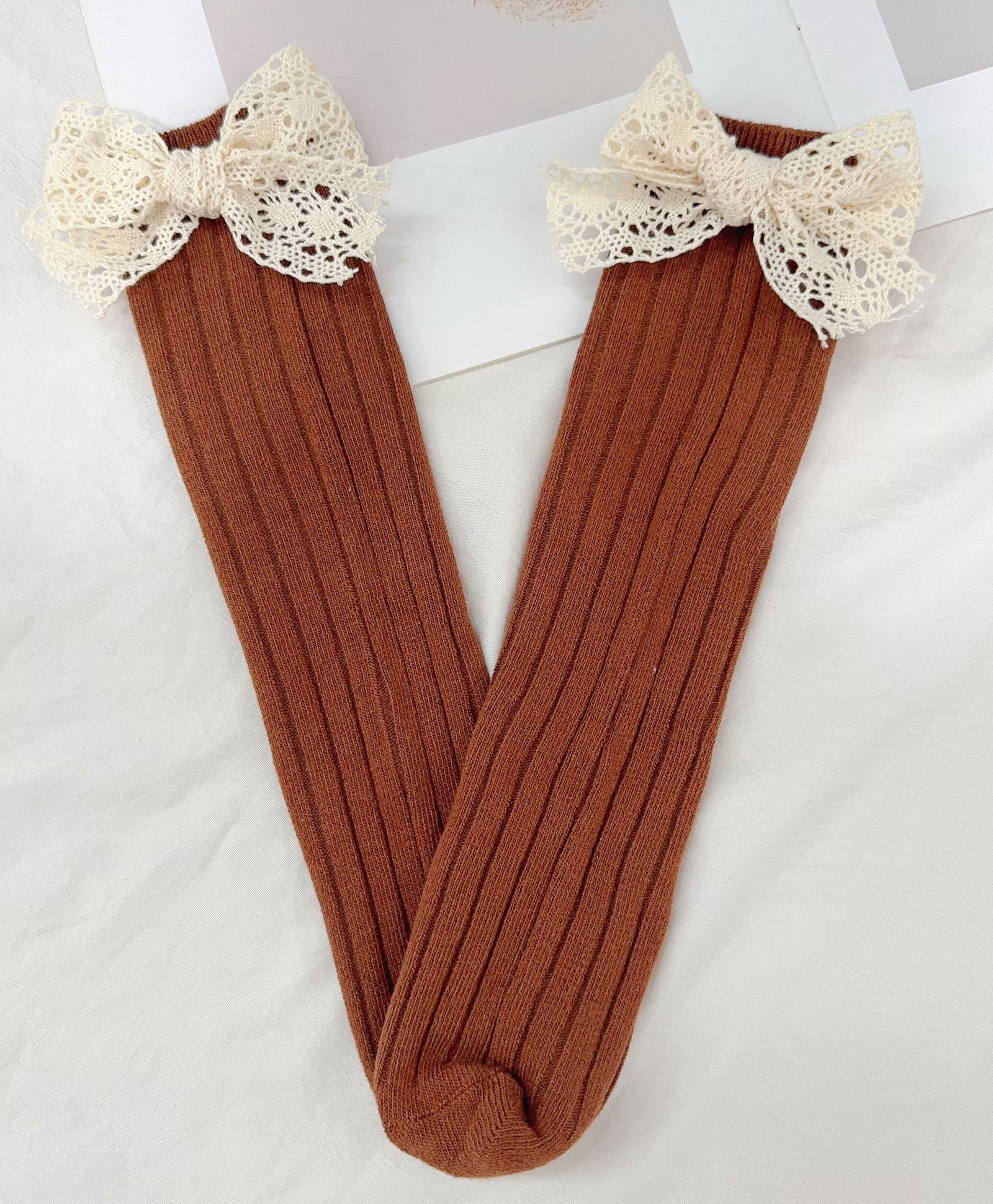 Kidofash Knit Bow Applique Detailed Ribbed Socks - Dark Brown-picture-4