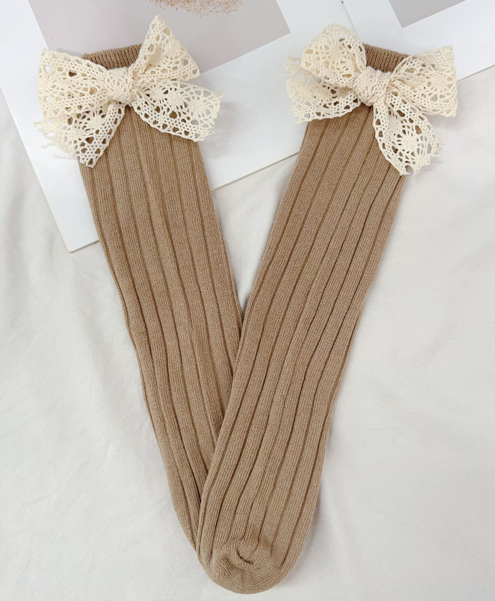 Kidofash Knit Bow Applique Detailed Ribbed Socks - Light Brown-picture-32