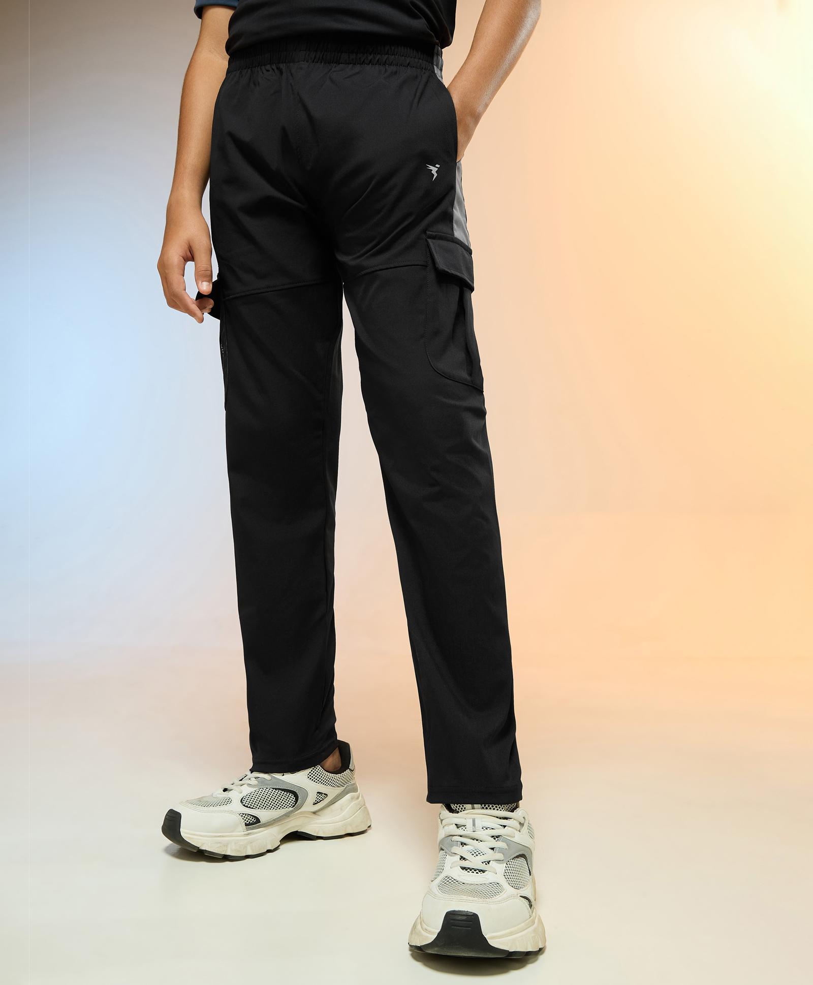 Technosport Knit Colour Blocked Breathable & Moisture Wicking Sports Cargo Track Pants - Black & Iron Grey-image-8