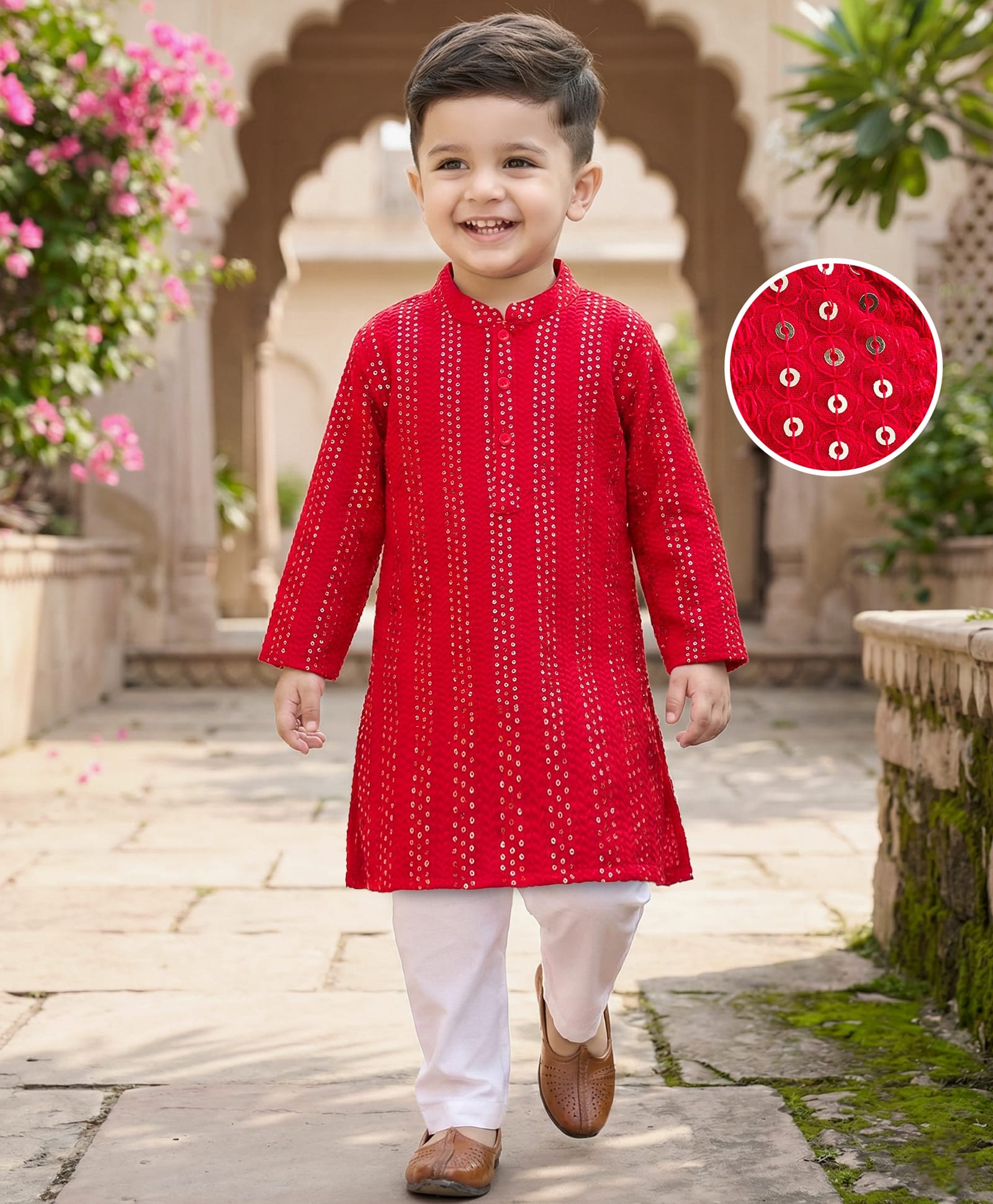 Babyhug Hakoba Woven Full Sleeves Kurta Pyjama Set With Sequin Detailing - Red & White-picture-28