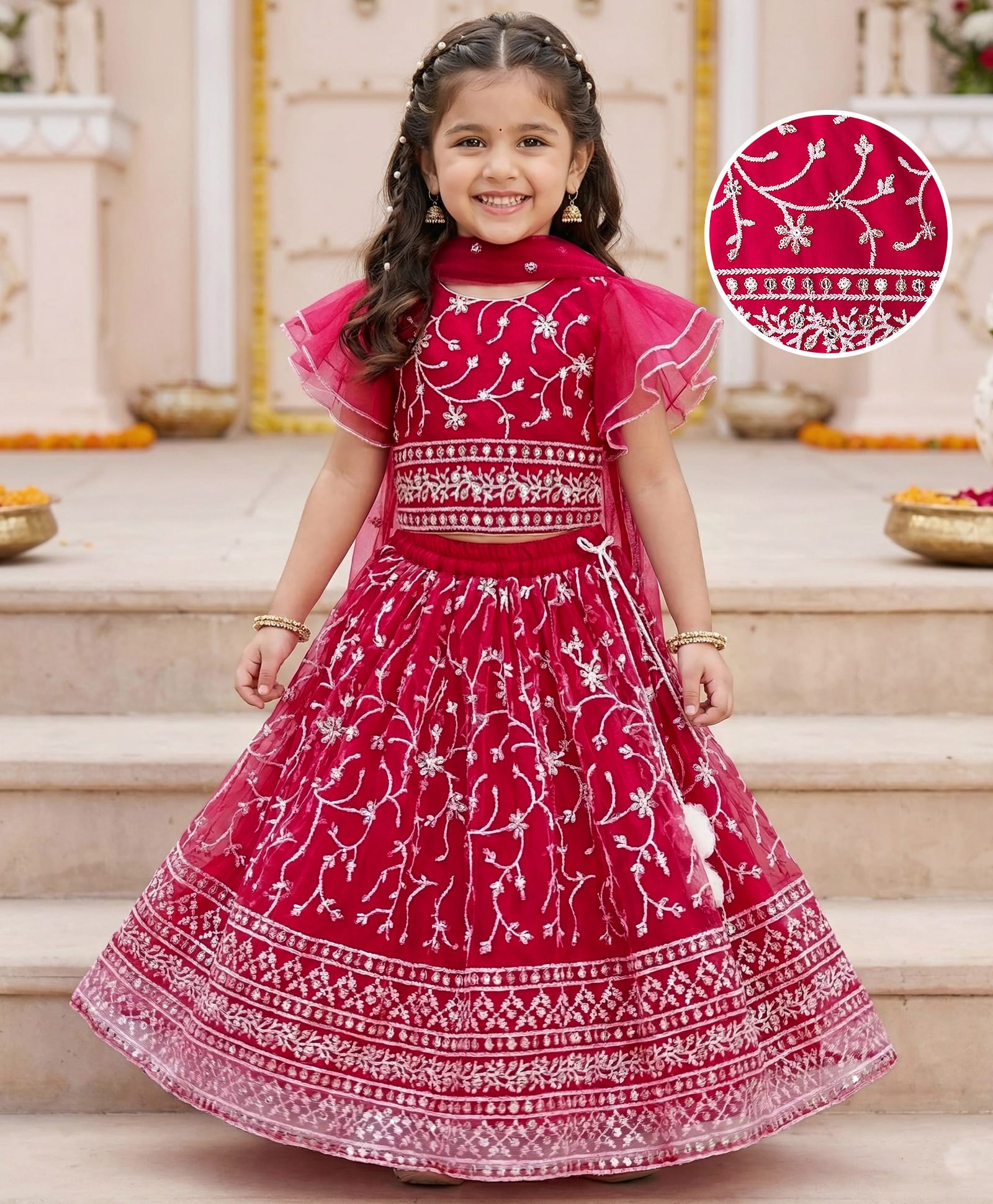 Babyhug Net Woven Frill Sleeves Choli Lehenga & Dupatta Set With Floral Embriodery - Dark Pink