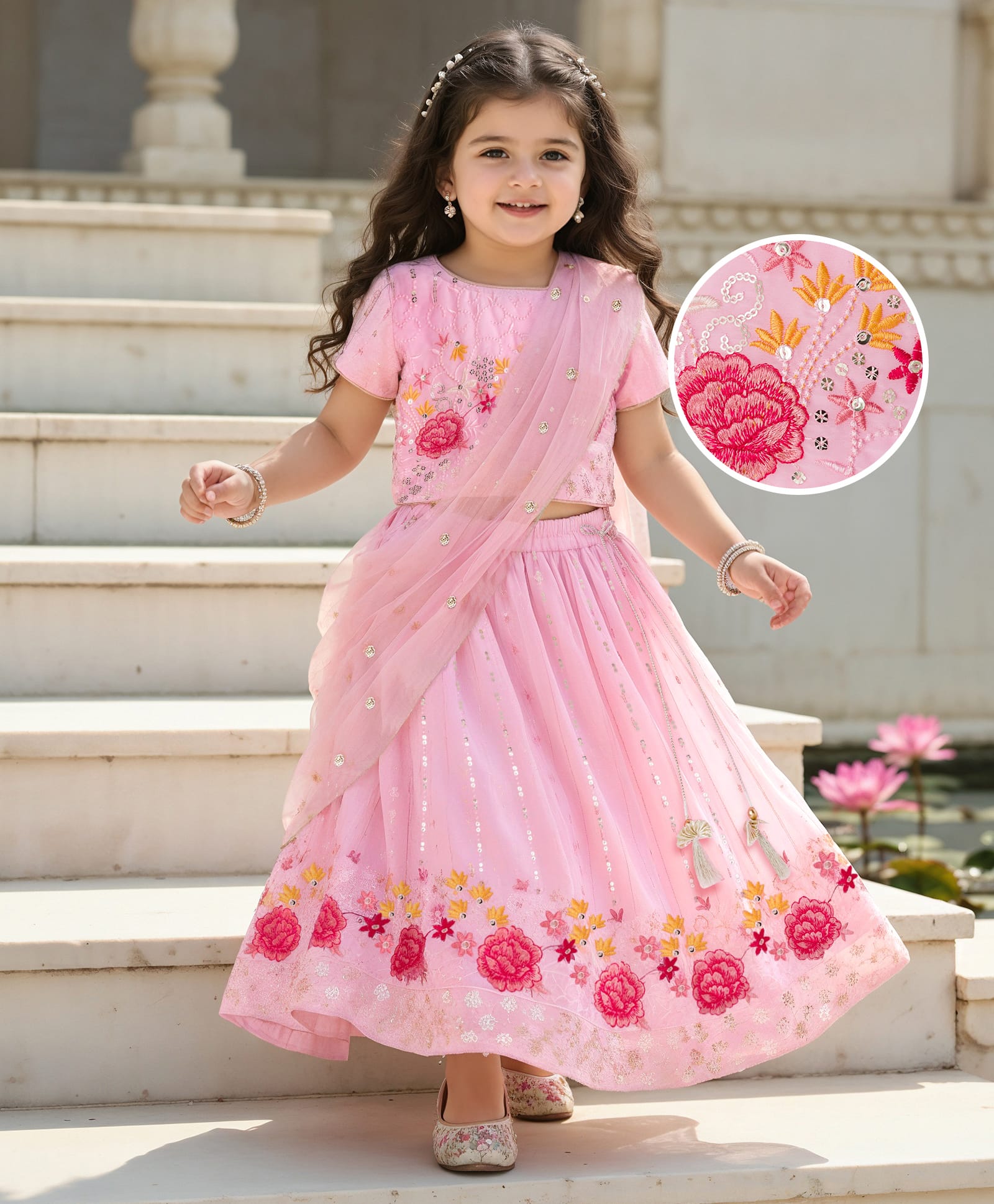 Babyhug Net Woven Half Sleevez Lehenga Choli Set With Floral Emrboidery & Dupatta - Peach-picture-10