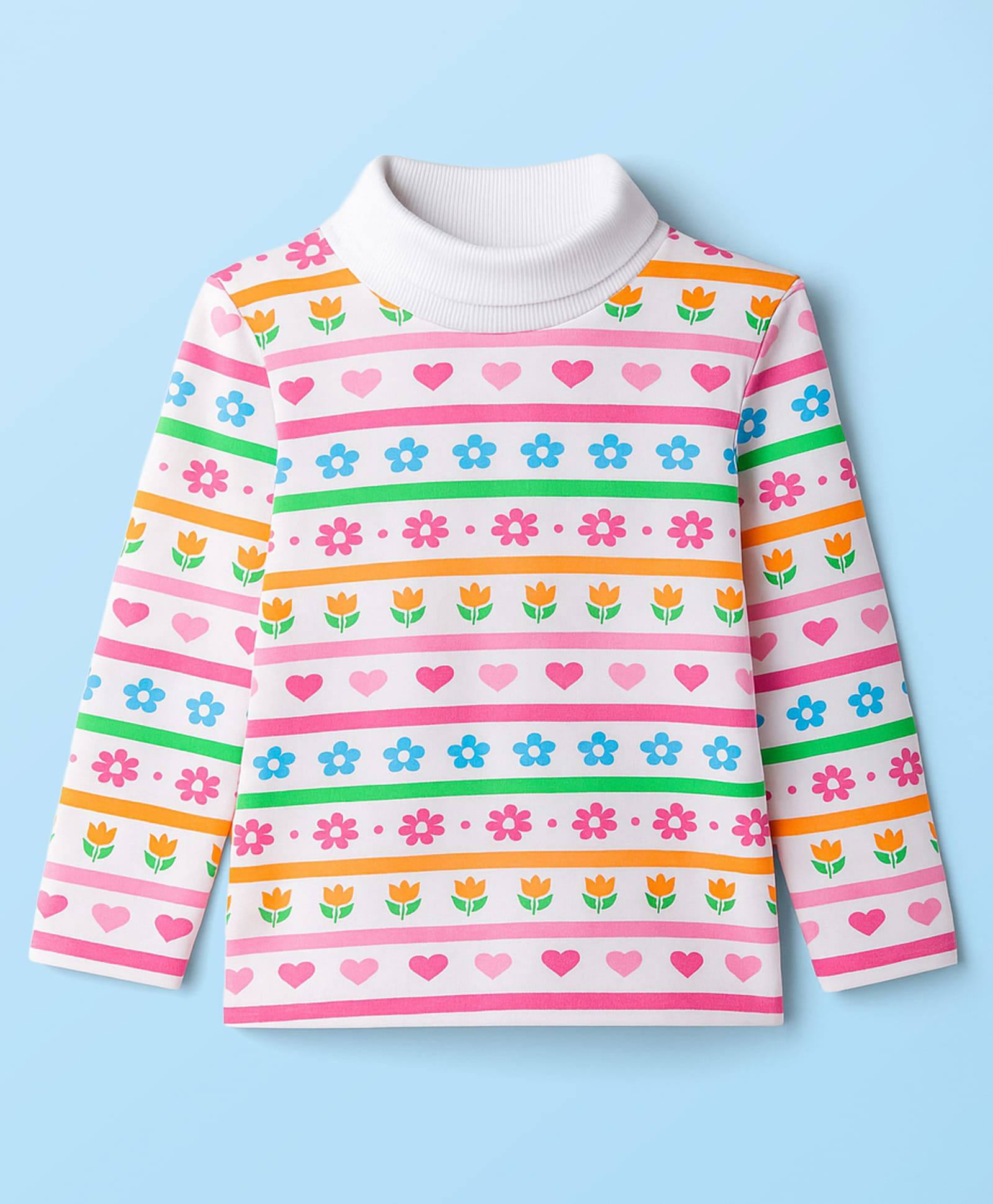 Babyhug Cotton Elastane Knit Full Sleeves Turtle Neck Winter T-Shirt with Floral & Heart Print - White-image-5