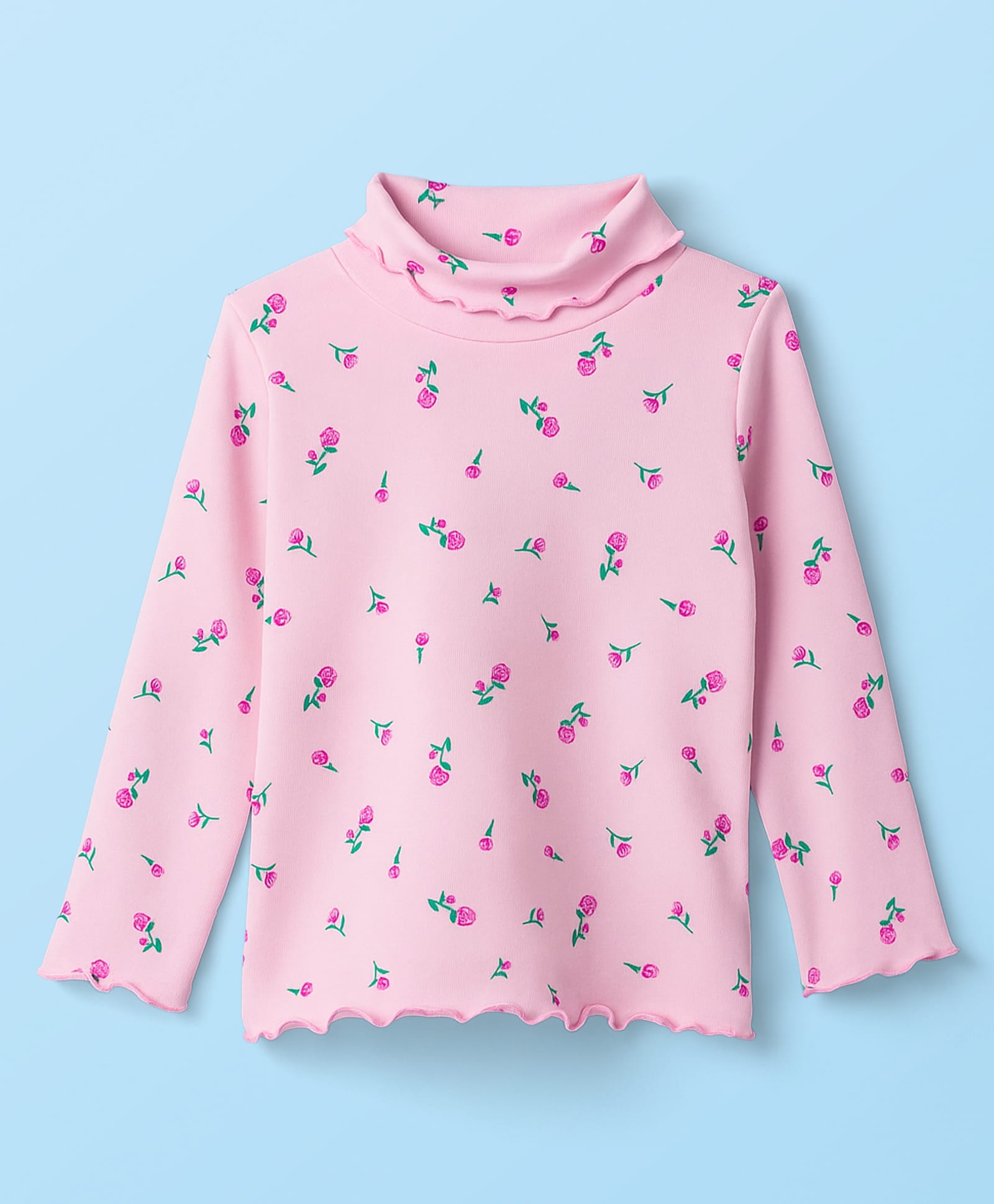 Babyhug Cotton Elastane Knit Full Sleeves Turtle Neck Winter T-Shirt with Floral Print - Pink-image-45