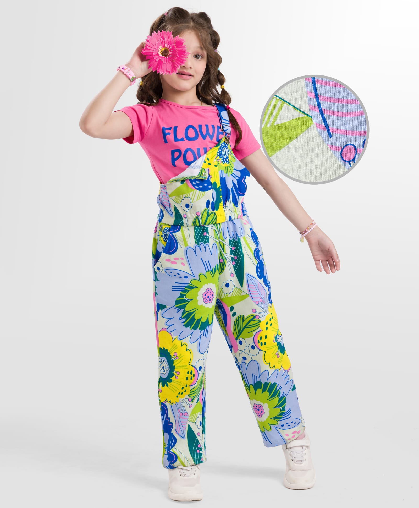 OLLINGTON ST. Cotton Knit Floral Printed Dungaree & Half Sleeves Inner Top - Multicolor & Pink